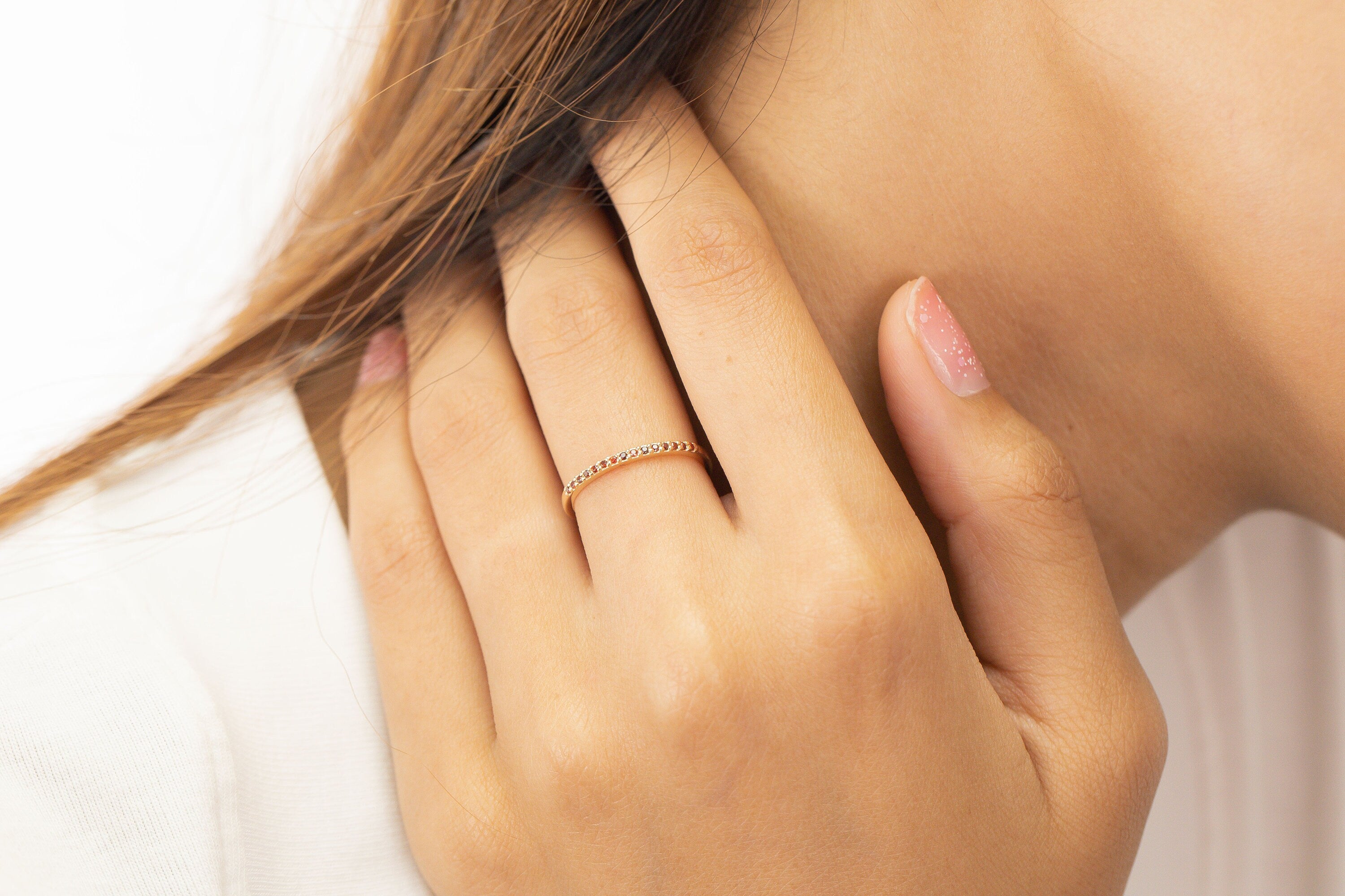 Micro Pave Garnet Wedding Band, Sterling Silver Dainty Stackable Band, January Birthstones, Stacking Ring