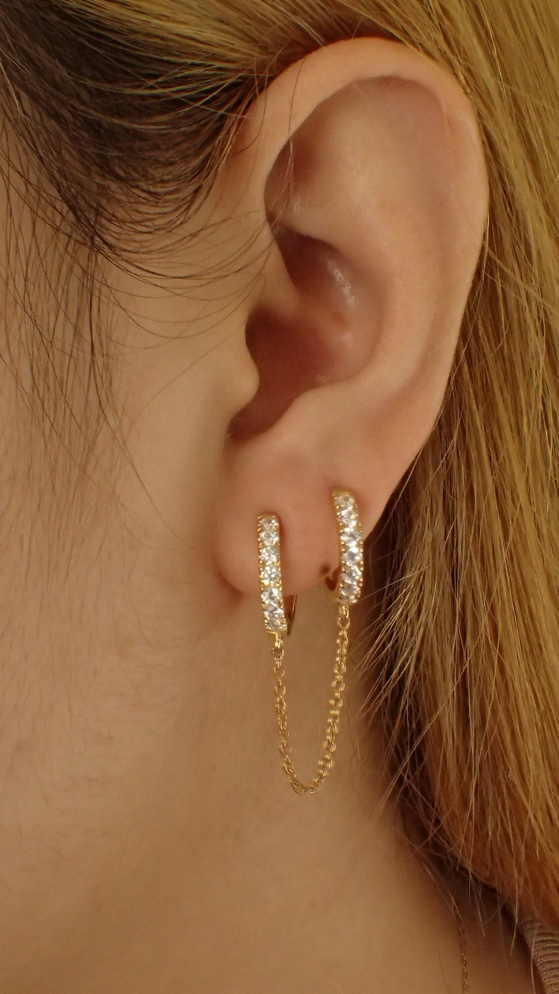 Diamonds Hoop Earrings, Huggie Hoop Earrings Gift for Women, Bridal Earrings, Sparkly Double Chain Hoops