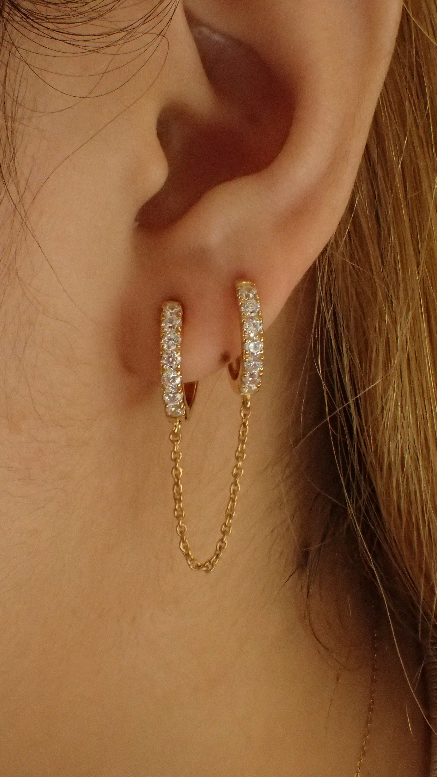 Diamonds Hoop Earrings, Huggie Hoop Earrings Gift for Women, Bridal Earrings, Sparkly Double Chain Hoops