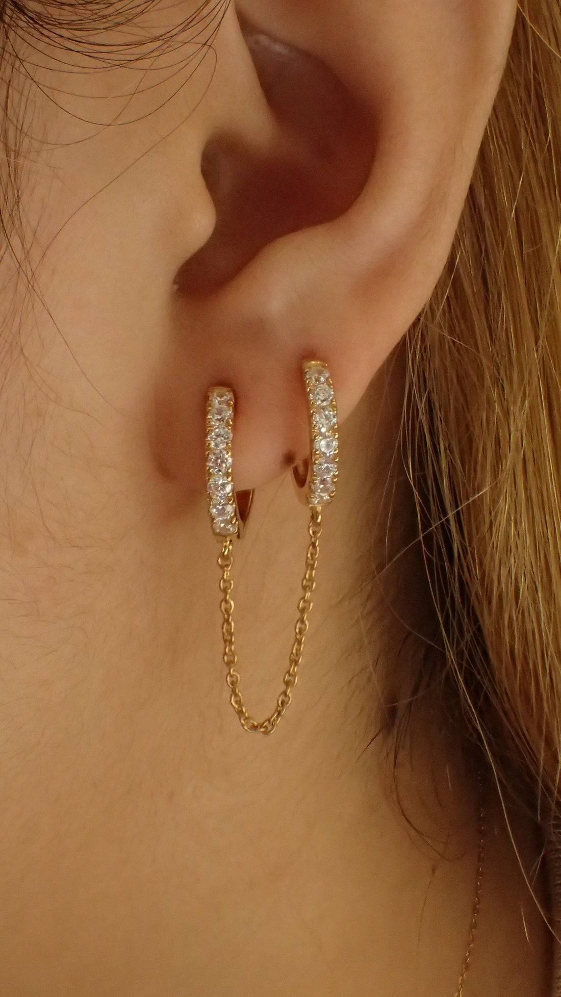 Diamonds Hoop Earrings, Huggie Hoop Earrings Gift for Women, Bridal Earrings, Sparkly Double Chain Hoops