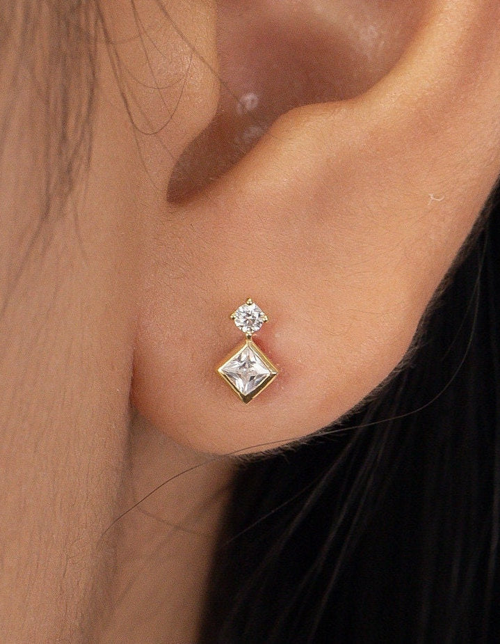 Diamond Stud Earrings, Princess Cut Solitaire Stud Earrings, Minimalist Earrings, Delicate Earrings for Women