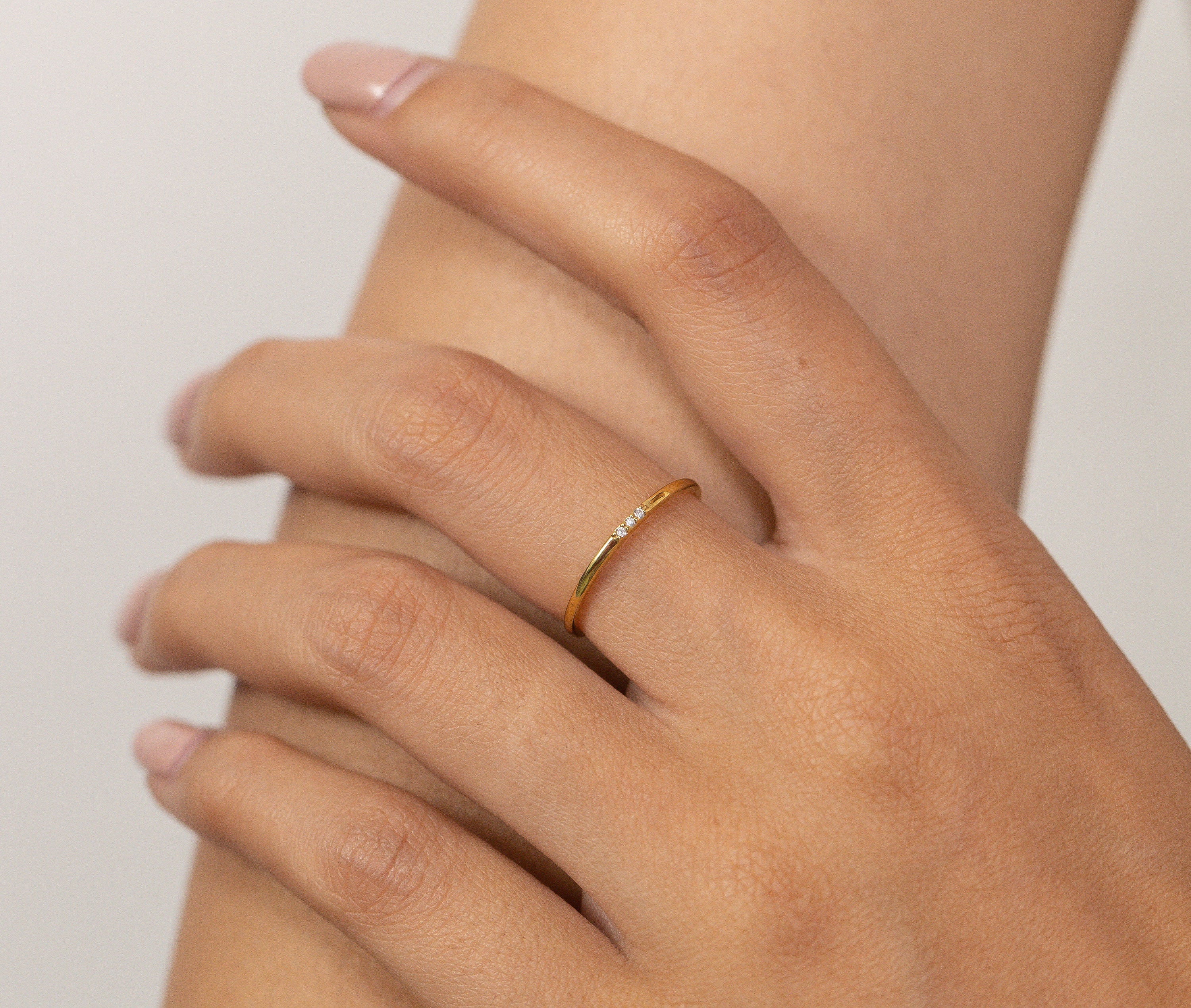Three Stones Diamond Ring, Thin Triple Stone Stacking Ring, Minimalist Ring, Promise Ring, Gift for Her, Christmas Jewelry Gift