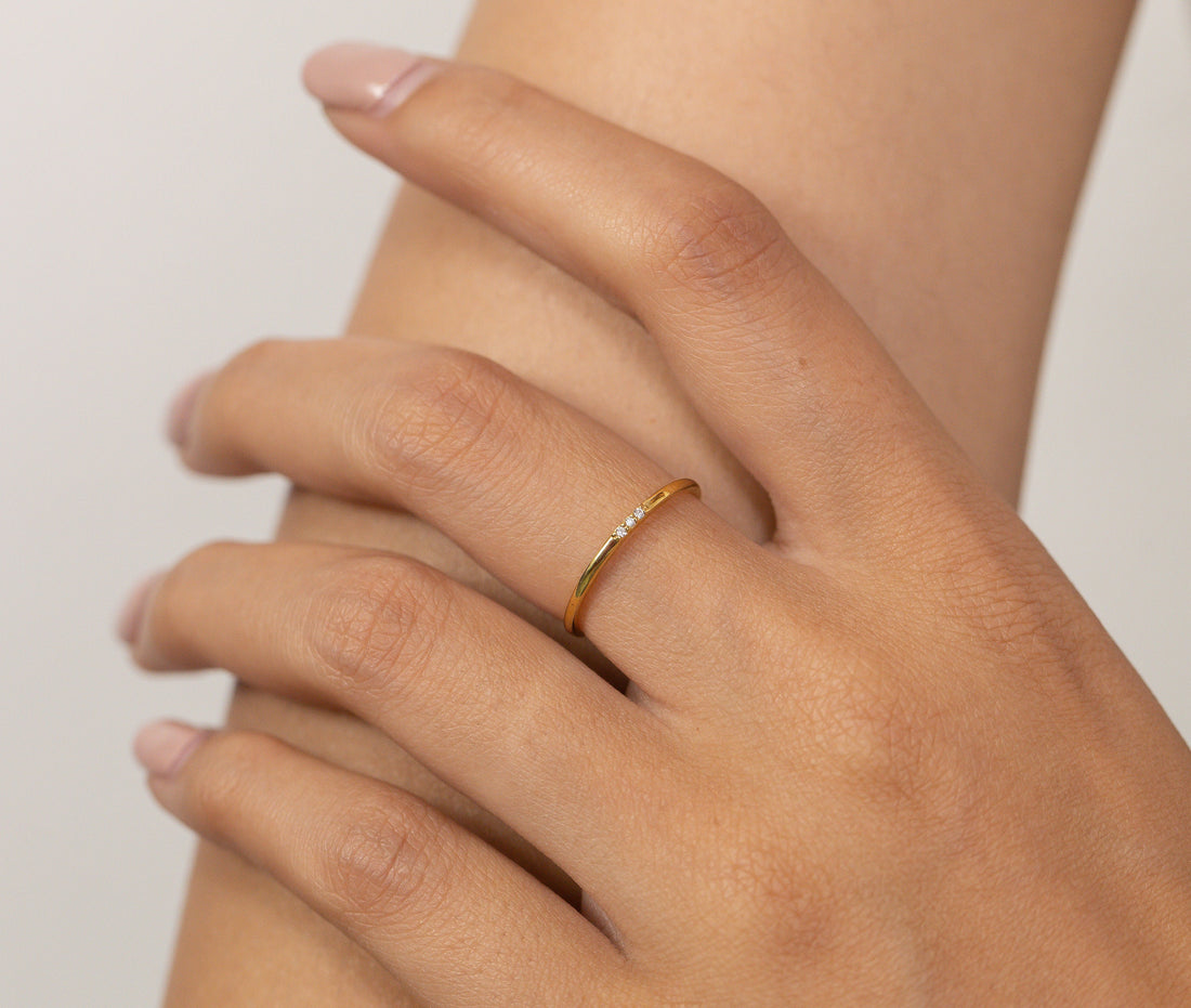 Three Stones Diamond Ring, Thin Triple Stone Stacking Ring, Minimalist Ring, Promise Ring, Gift for Her, Christmas Jewelry Gift