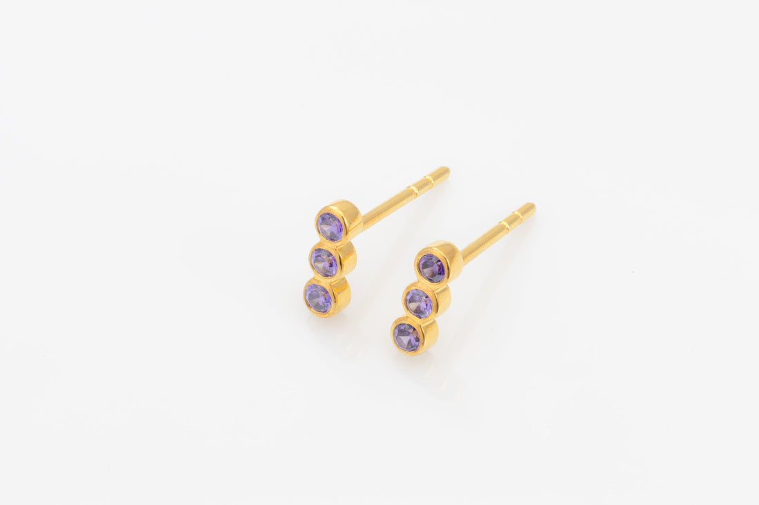 3 Stones Amethyst Earrings, Bar Stud Earrings, February Birthstone Gift