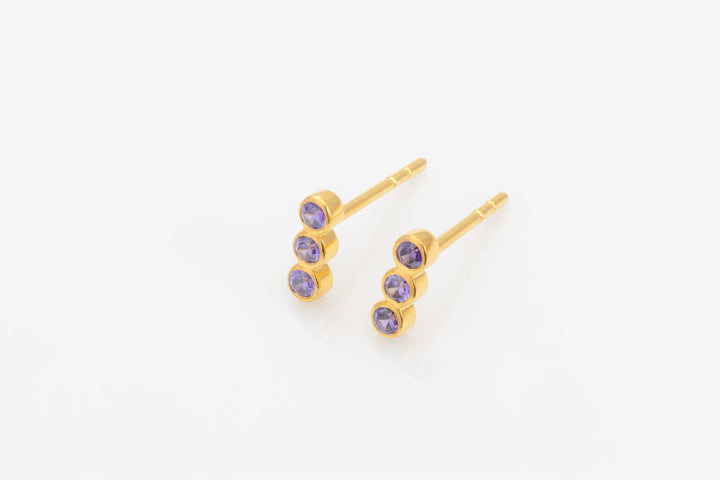 3 Stones Amethyst Earrings, Bar Stud Earrings, February Birthstone Gift