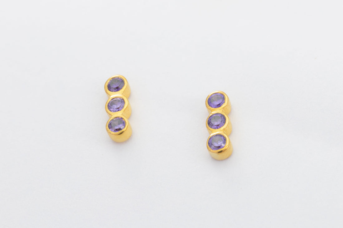 3 Stones Amethyst Earrings, Bar Stud Earrings, February Birthstone Gift