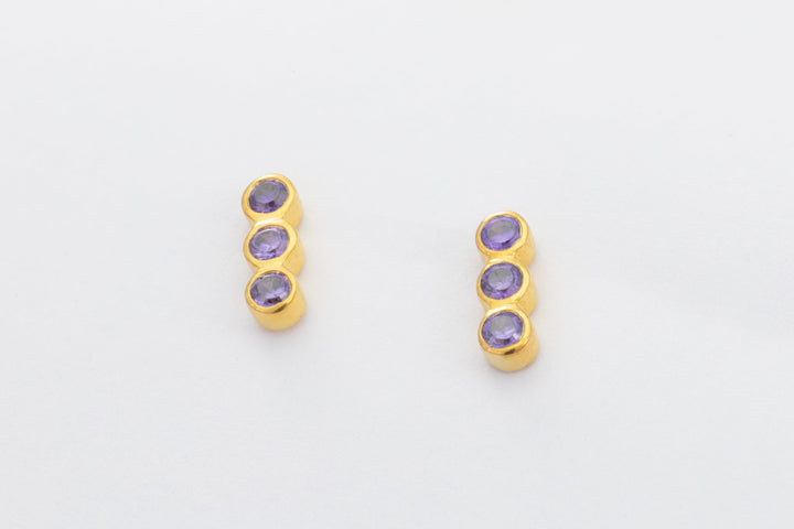 3 Stones Amethyst Earrings, Bar Stud Earrings, February Birthstone Gift