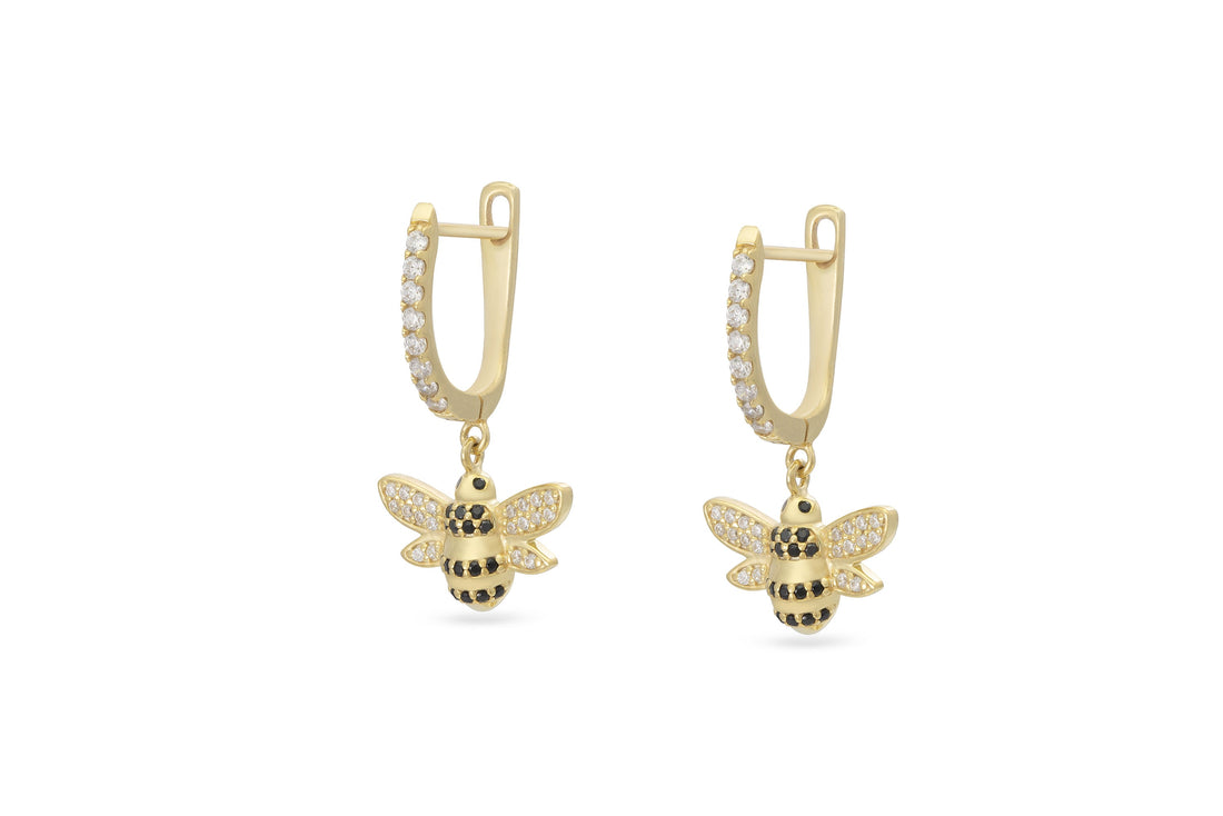 Honey Bee Hoop Earrings, 18K Gold Black Diamond Hoop Earrings, Dangle Hoop Earrings, Bridesmaid Gift, Animal Hoops