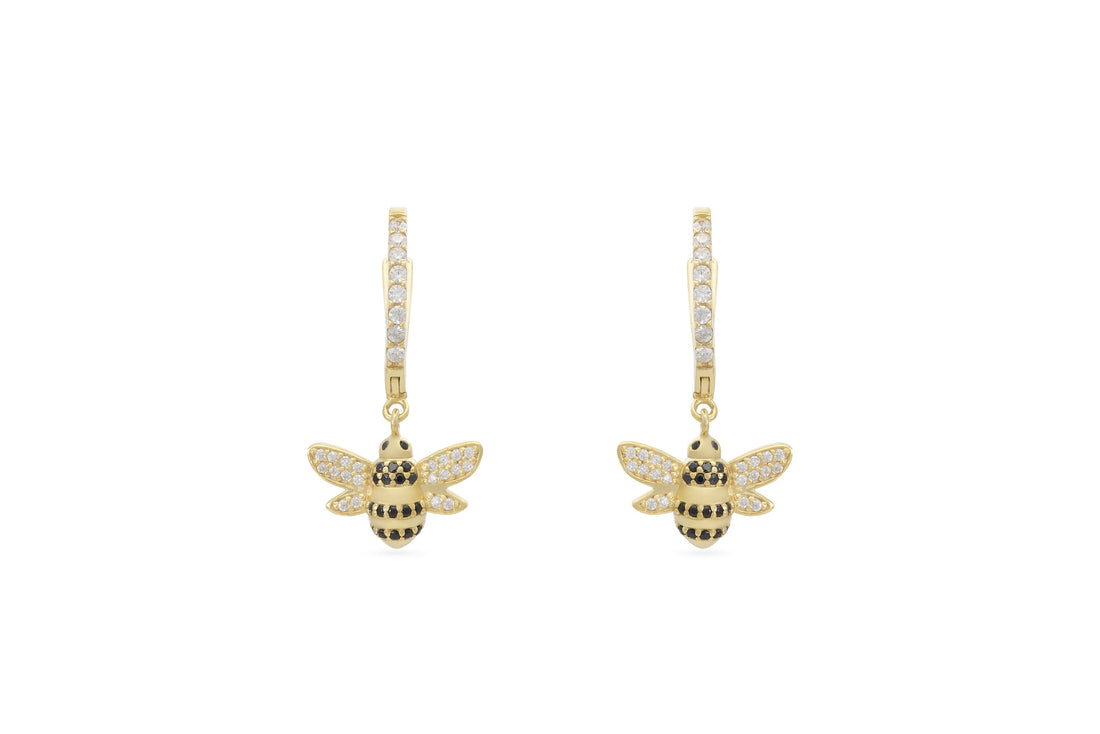 Honey Bee Hoop Earrings, 18K Gold Black Diamond Hoop Earrings, Dangle Hoop Earrings, Bridesmaid Gift, Animal Hoops