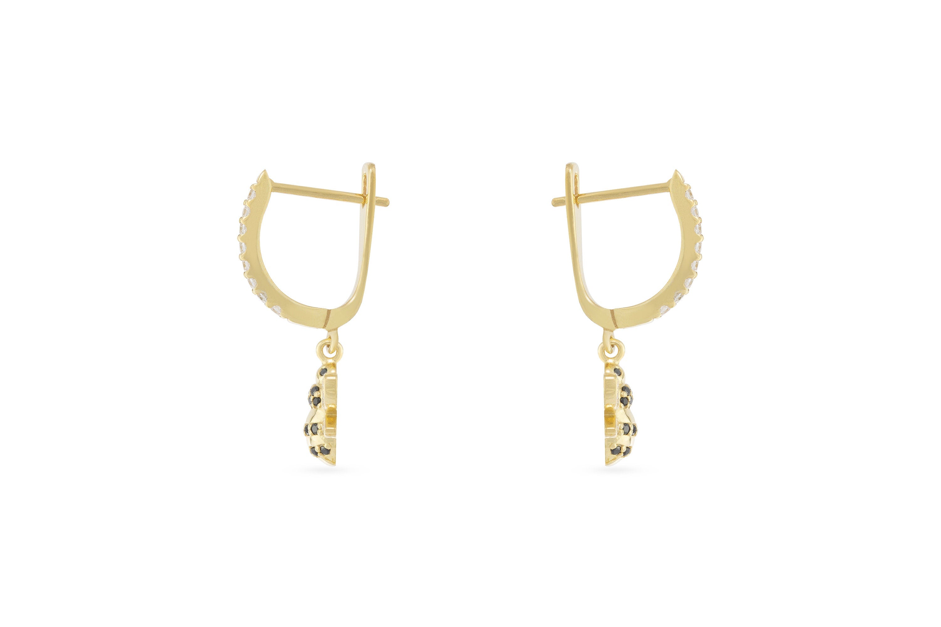 Honey Bee Hoop Earrings, 18K Gold Black Diamond Hoop Earrings, Dangle Hoop Earrings, Bridesmaid Gift, Animal Hoops