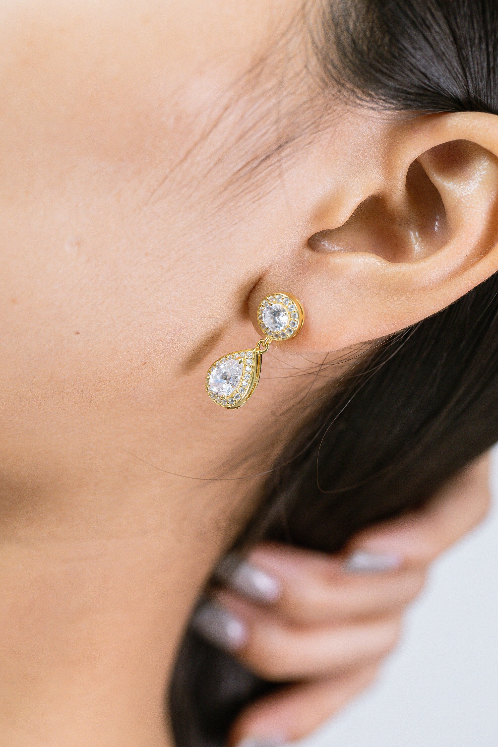 Diamond Halo Teardrop Earrings, Pear Cut Bridal Drop Earrings, Dainty Wedding Jewelry, Bridesmaid Gift for Her