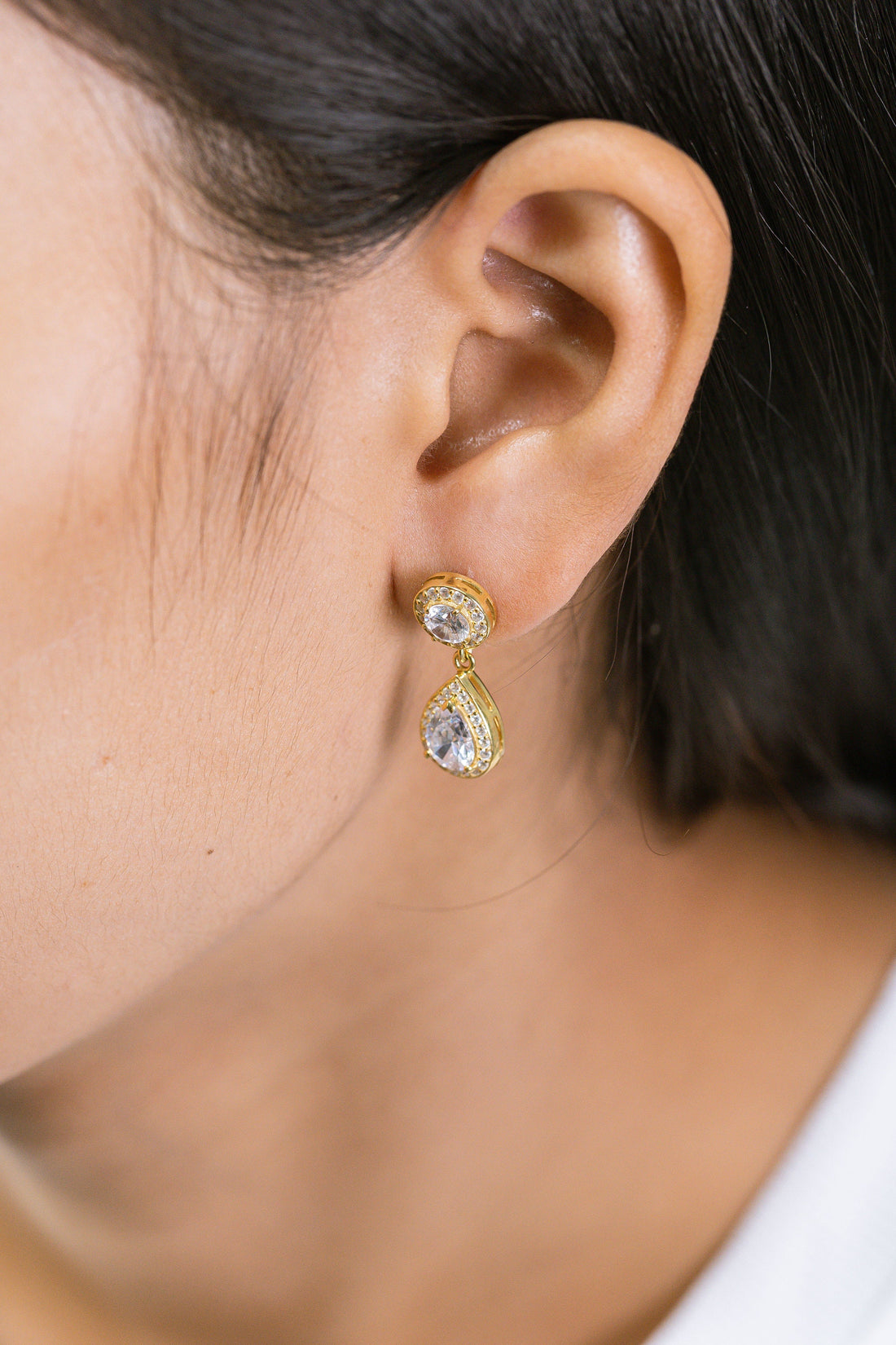 Diamond Halo Teardrop Earrings, Pear Cut Bridal Drop Earrings, Dainty Wedding Jewelry, Bridesmaid Gift for Her