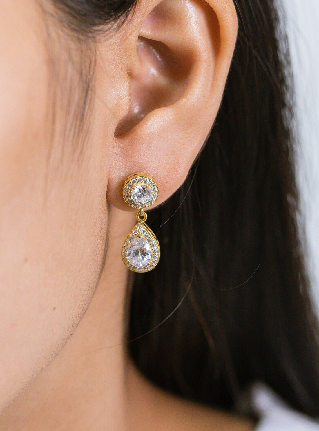 Diamond Halo Teardrop Earrings, Pear Cut Bridal Drop Earrings, Dainty Wedding Jewelry, Bridesmaid Gift for Her