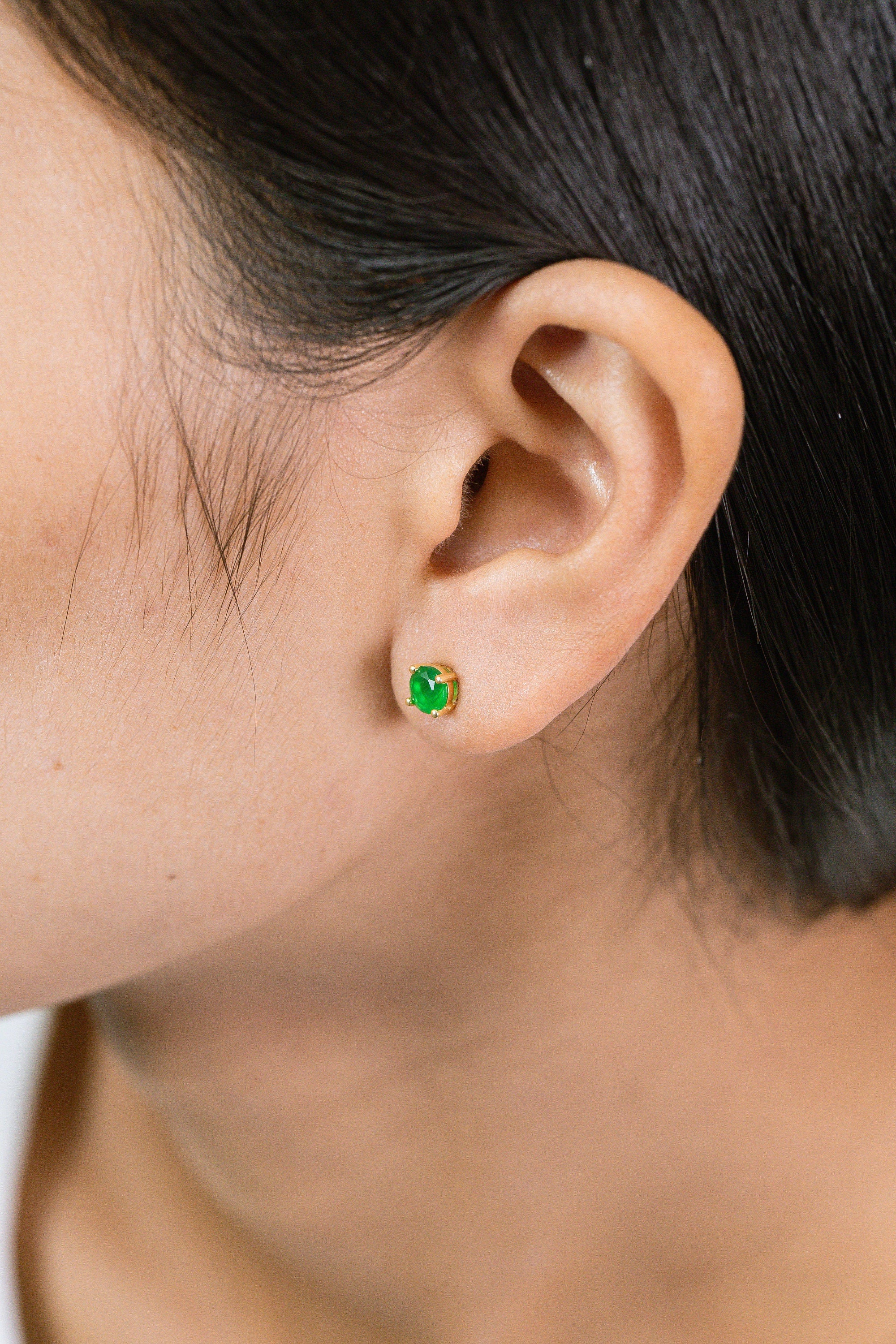 Four Prong Emerald Stud Earrings, May Birthstone Gifts, Starling Silver Emerald Solitaire Earring, Everyday Earrings