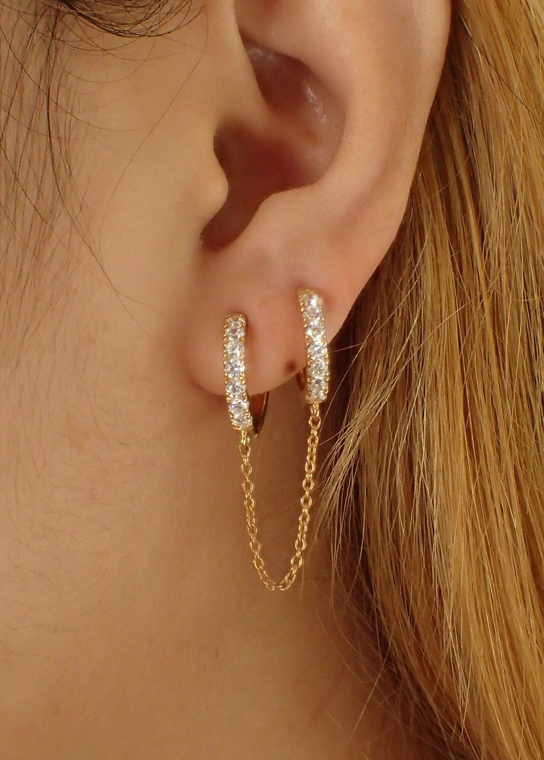 Diamonds Hoop Earrings, Huggie Hoop Earrings Gift for Women, Bridal Earrings, Sparkly Double Chain Hoops