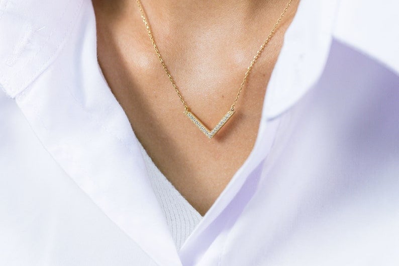Diamond Chevron Necklace, V Shape Necklace, Geometric Chevron Bar Necklace, Minimalist Necklace Gift for Her, Last Minute Gifts