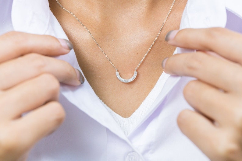 Diamond Curved Necklace, U Shape Diamond Cluster Necklace, Dainty Bridal Jewelry, Bridesmaid Necklace Gift for Her