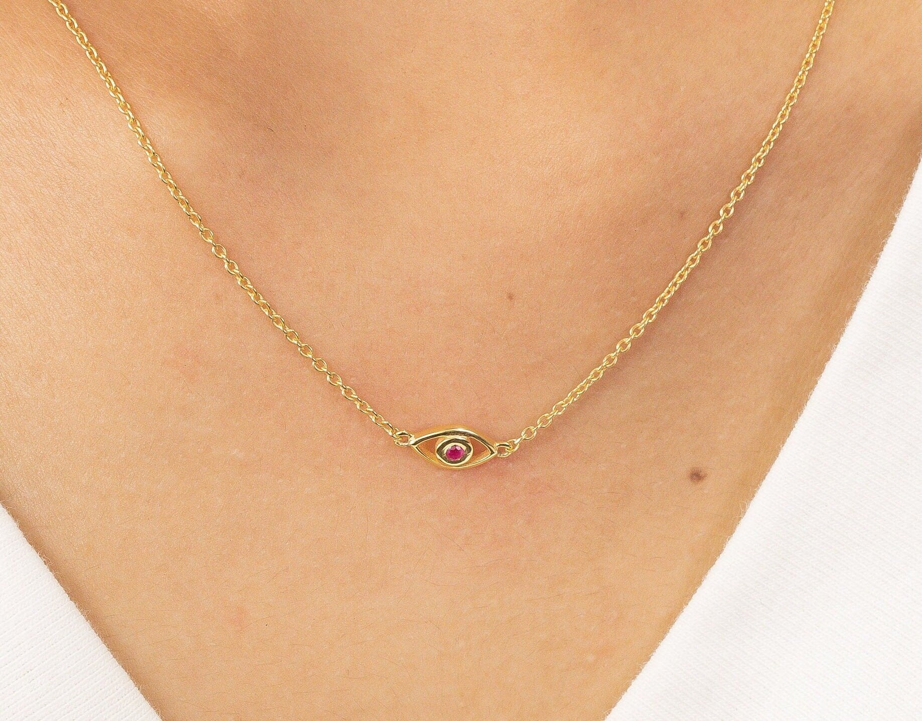 Minimalist Evil Eye Ruby Necklace, Good Luck Necklace, July Birthstones Gift, Protection Necklace, Spiritual Necklace Gift for Her