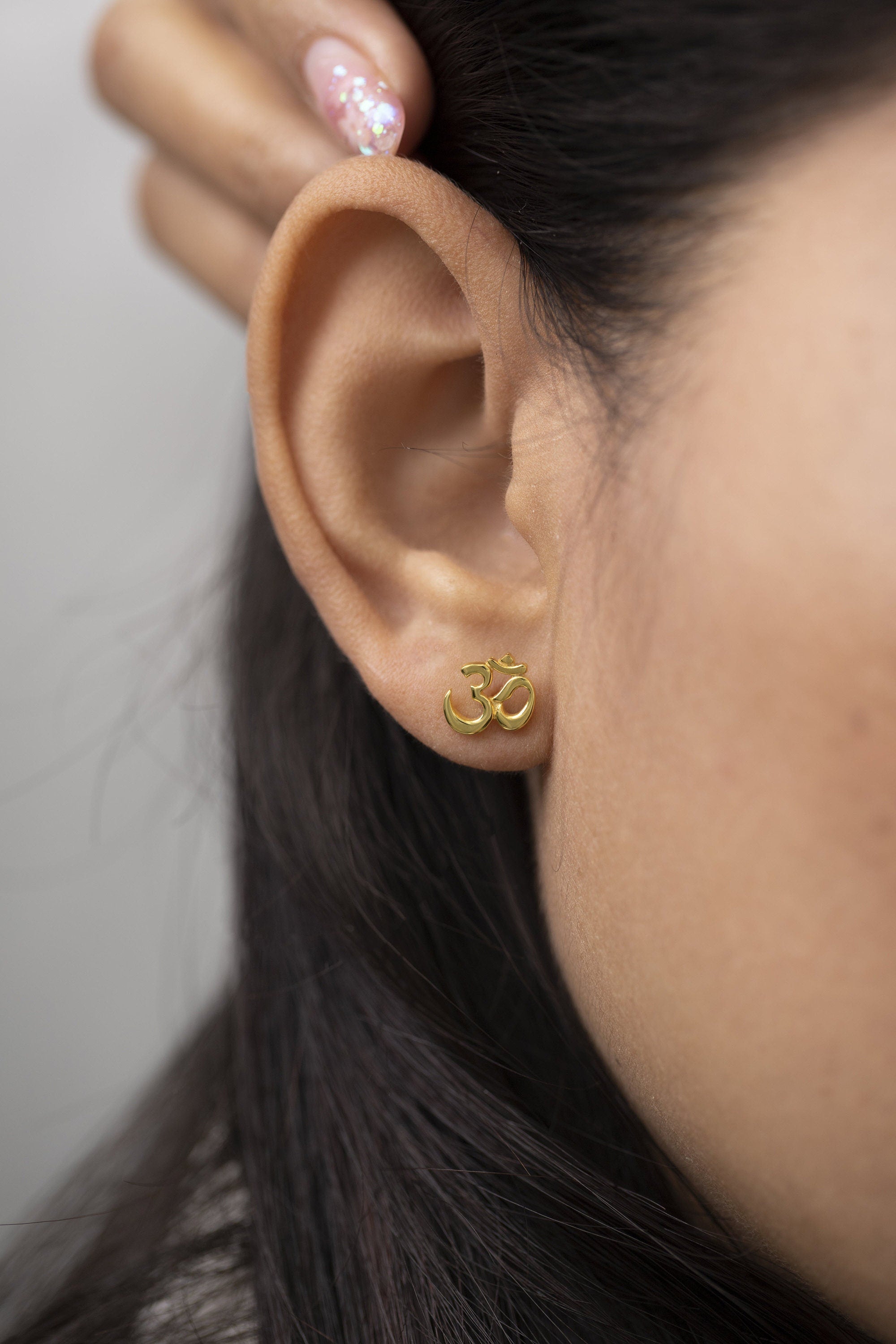 Om Stud Earrings, Meditation Studs, Om Symbol Earrings, Yoga Earrings, 18K Gold Om Earrings, Om Jewelry