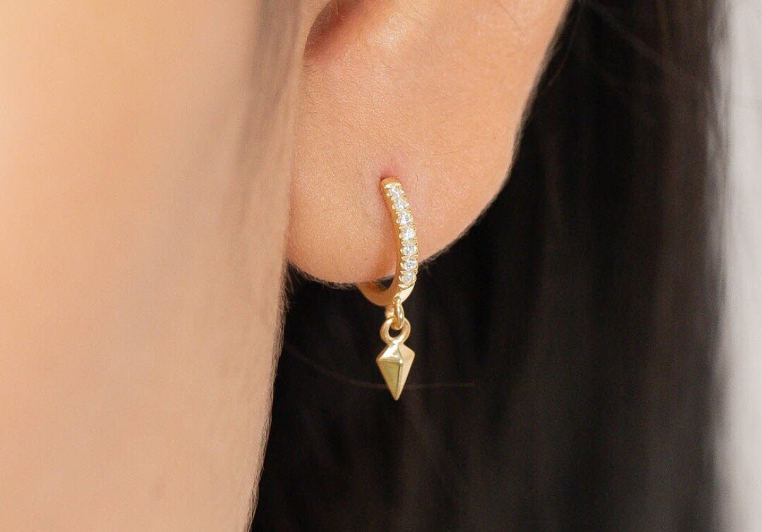 Geometric Hoop Earrings, Dangle Drop Geometric Earrings, Hexagon Earrings, Simulated Diamonds Gold Hoop Earrings