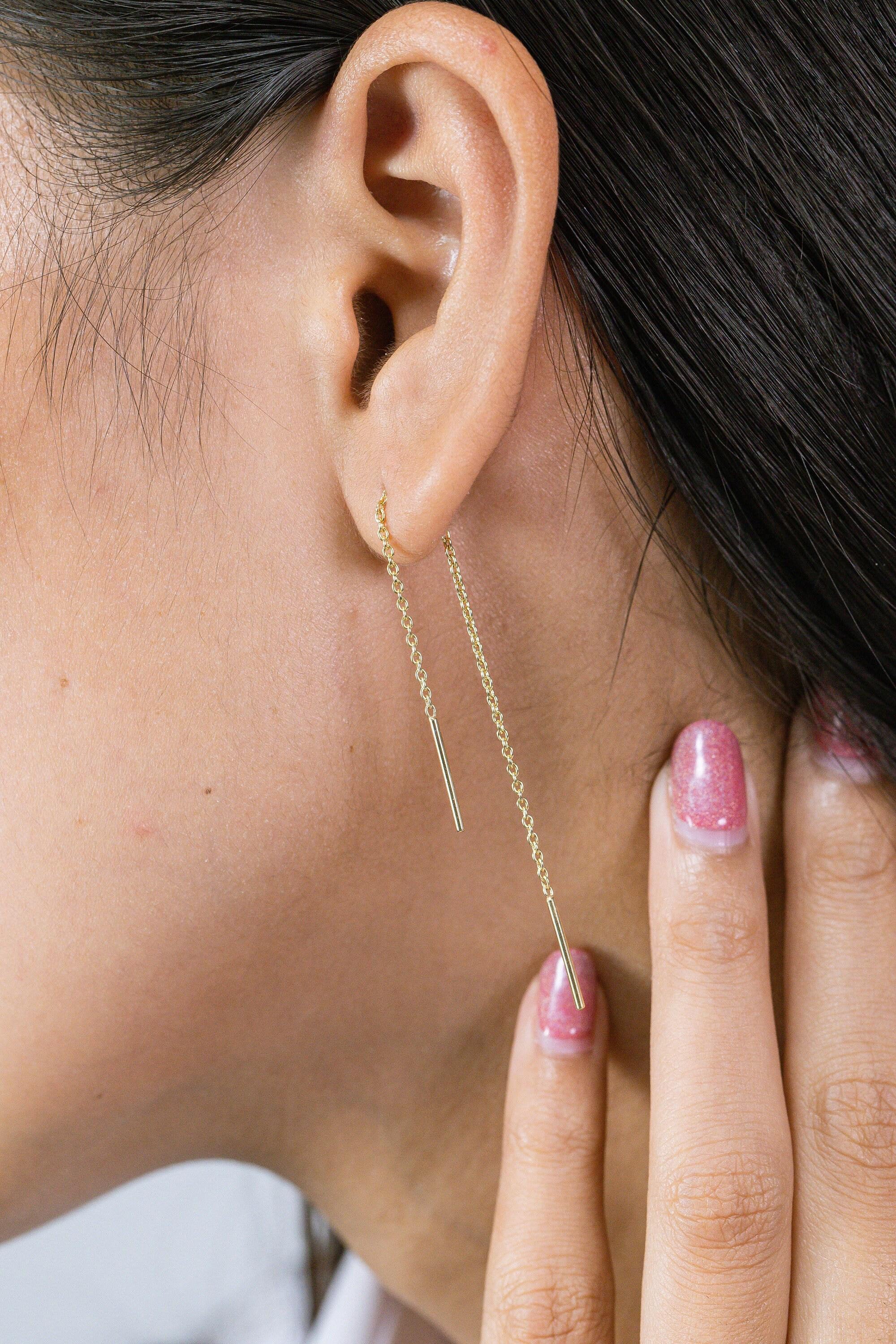 Long Bar Threader Earrings, Long Chain Earrings, Dainty Dangle Bar Earrings, Bar Drop With Delicate Chain