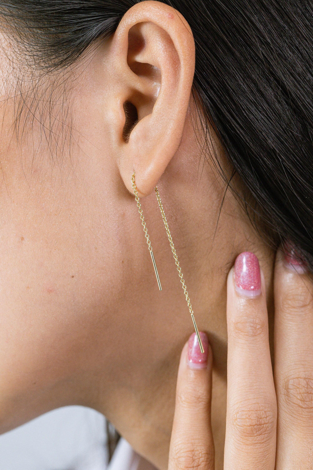 Long Bar Threader Earrings, Long Chain Earrings, Dainty Dangle Bar Earrings, Bar Drop With Delicate Chain