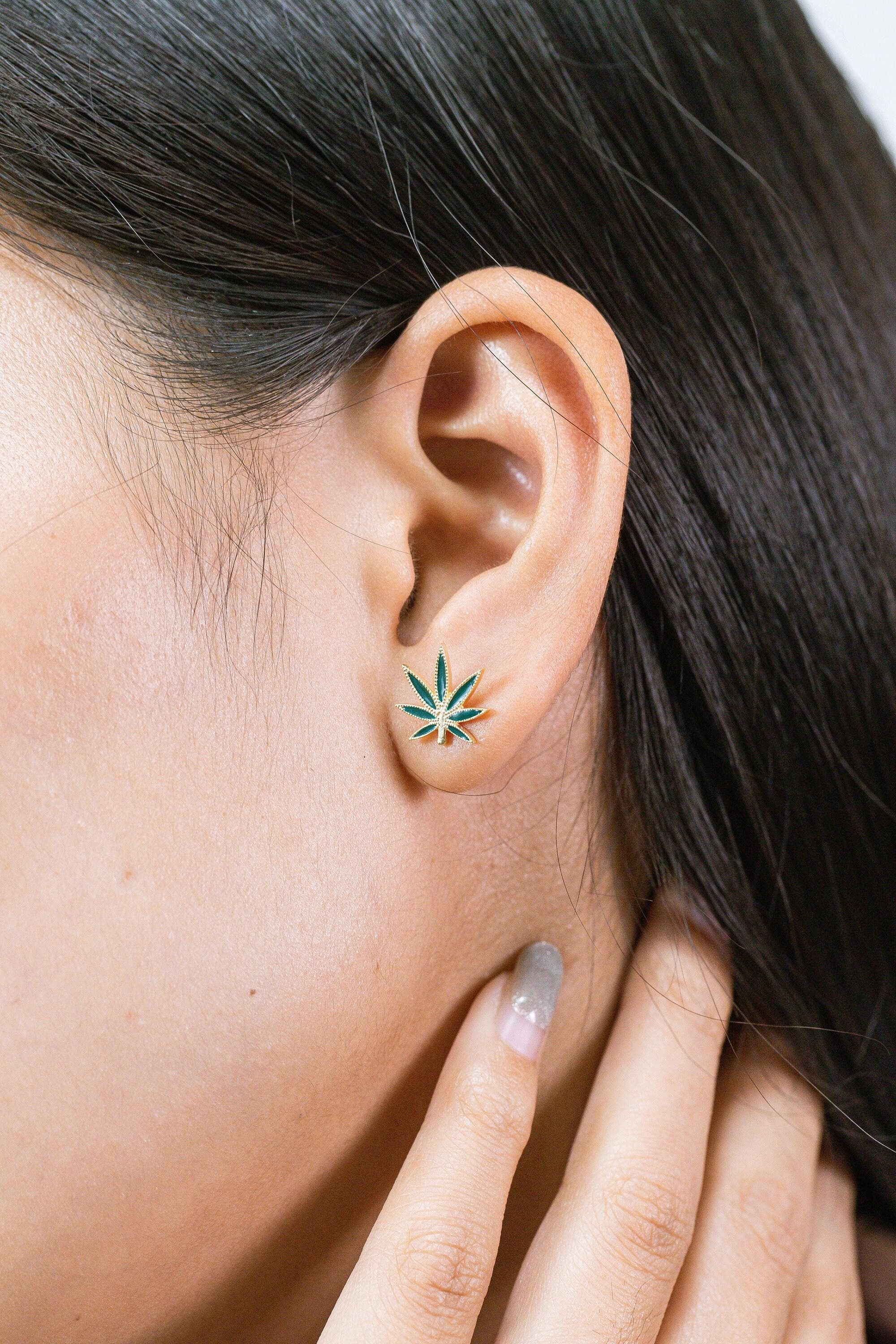 Cannabis Leaf Stud Earrings, Sterling Silver Marijuana Studs, Minimalist Gold Stud Earrings, Gift for Weed Lover