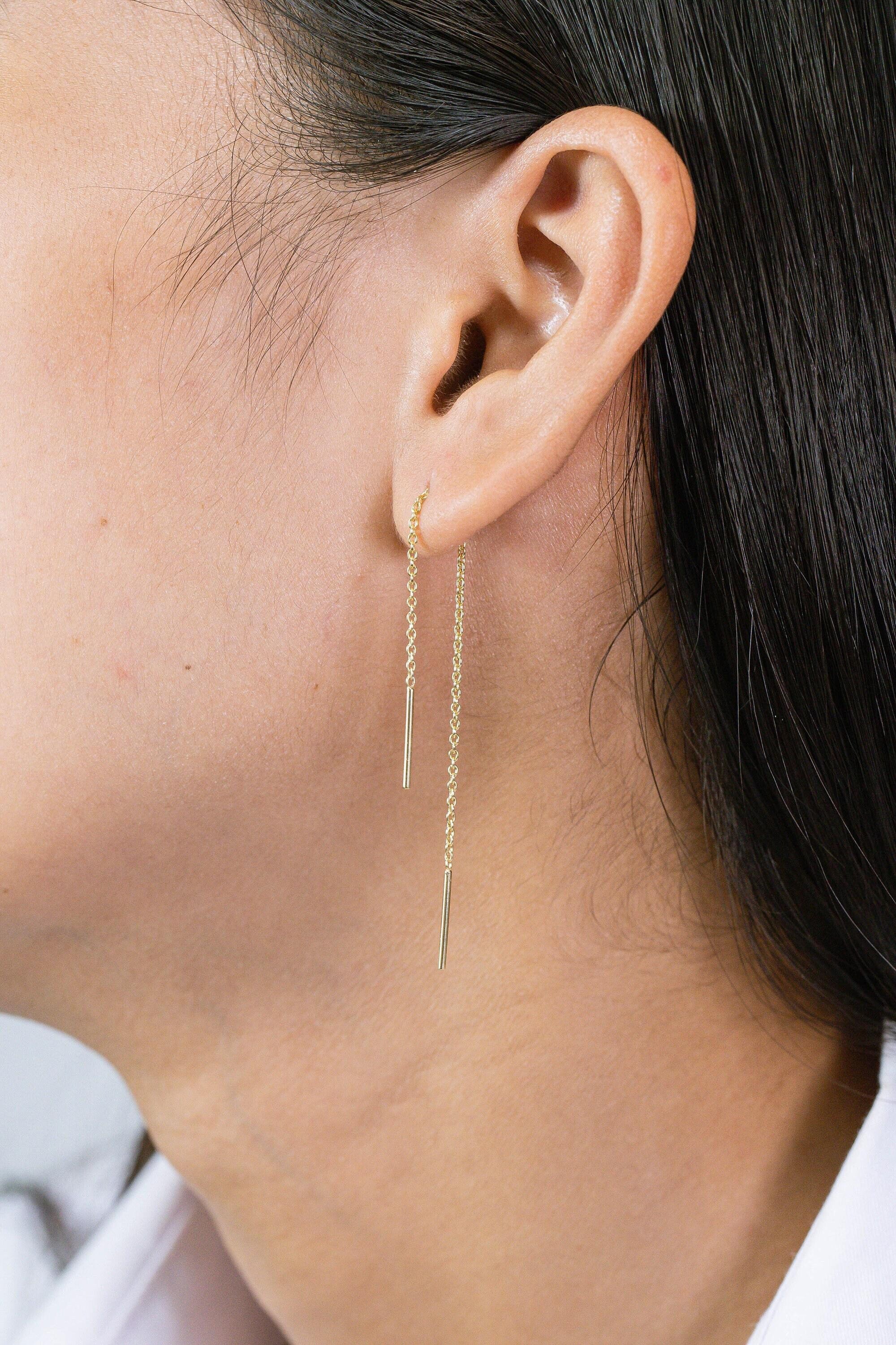 Long Bar Threader Earrings, Long Chain Earrings, Dainty Dangle Bar Earrings, Bar Drop With Delicate Chain