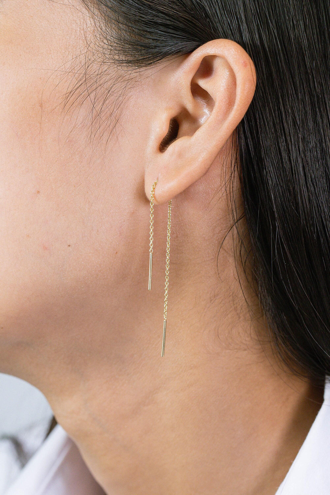 Long Bar Threader Earrings, Long Chain Earrings, Dainty Dangle Bar Earrings, Bar Drop With Delicate Chain