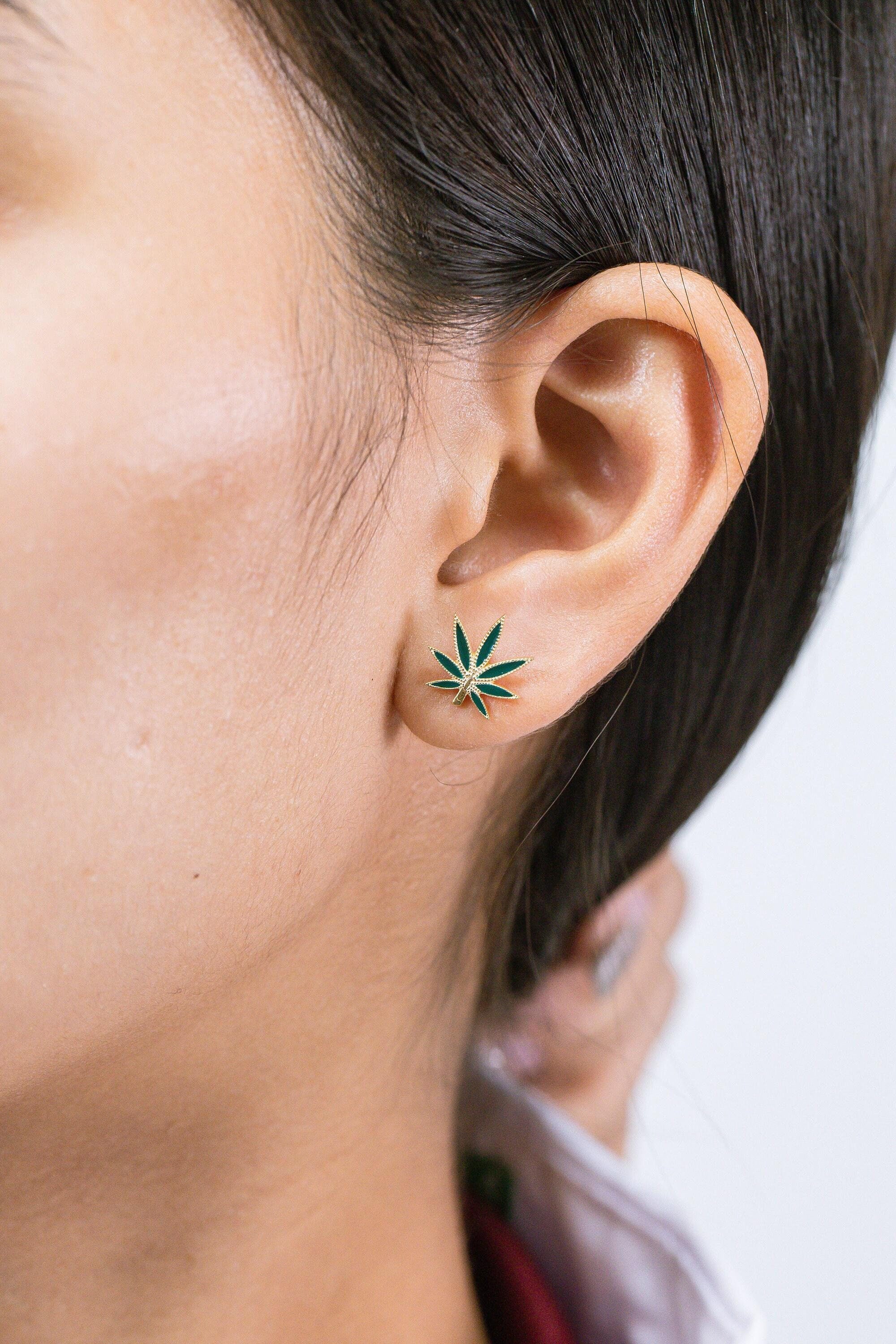 Cannabis Leaf Stud Earrings, Sterling Silver Marijuana Studs, Minimalist Gold Stud Earrings, Gift for Weed Lover