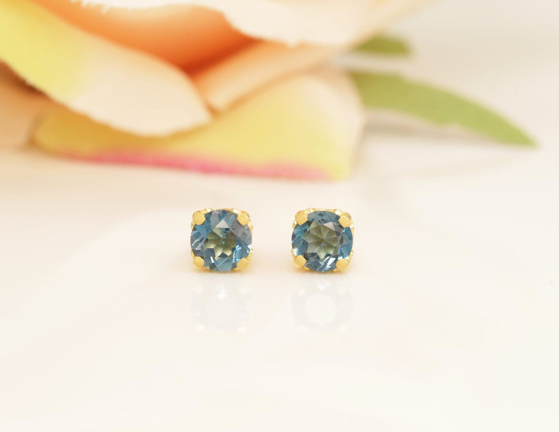 5.0mm London Blue Topaz Filigree Stud Earrings, December Birthstone Gift, Double Prong Filigree Studs Gift for Women