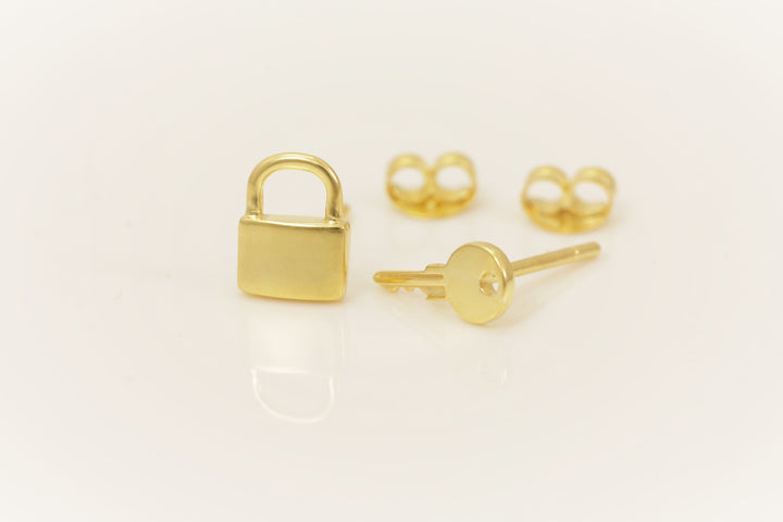 Lock and Key Stud Earrings, Minimalist Earrings, Key and Lock Mismatched Earrings, Key Stud Earrings, Gift for Her