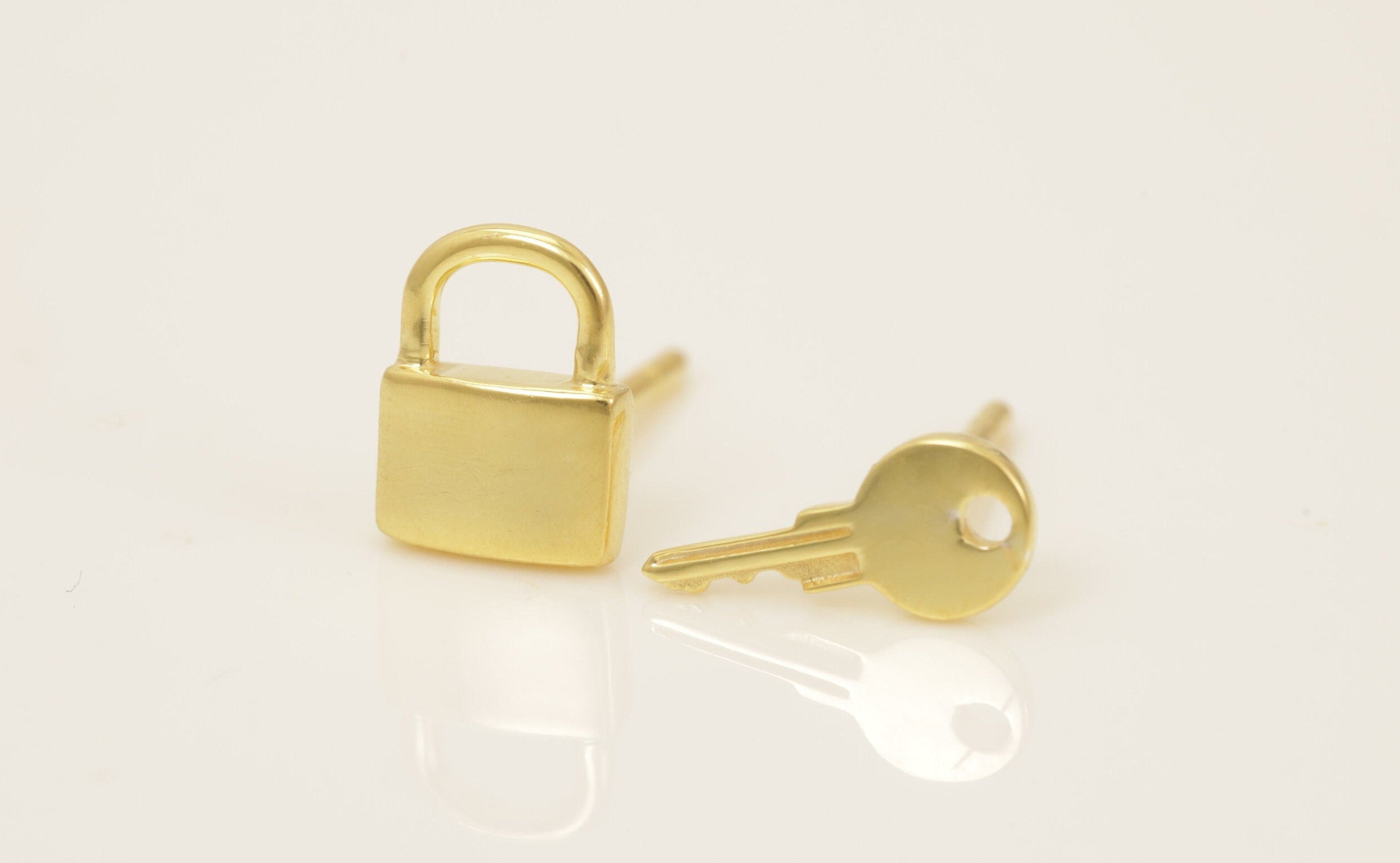 Lock and Key Stud Earrings, Minimalist Earrings, Key and Lock Mismatched Earrings, Key Stud Earrings, Gift for Her
