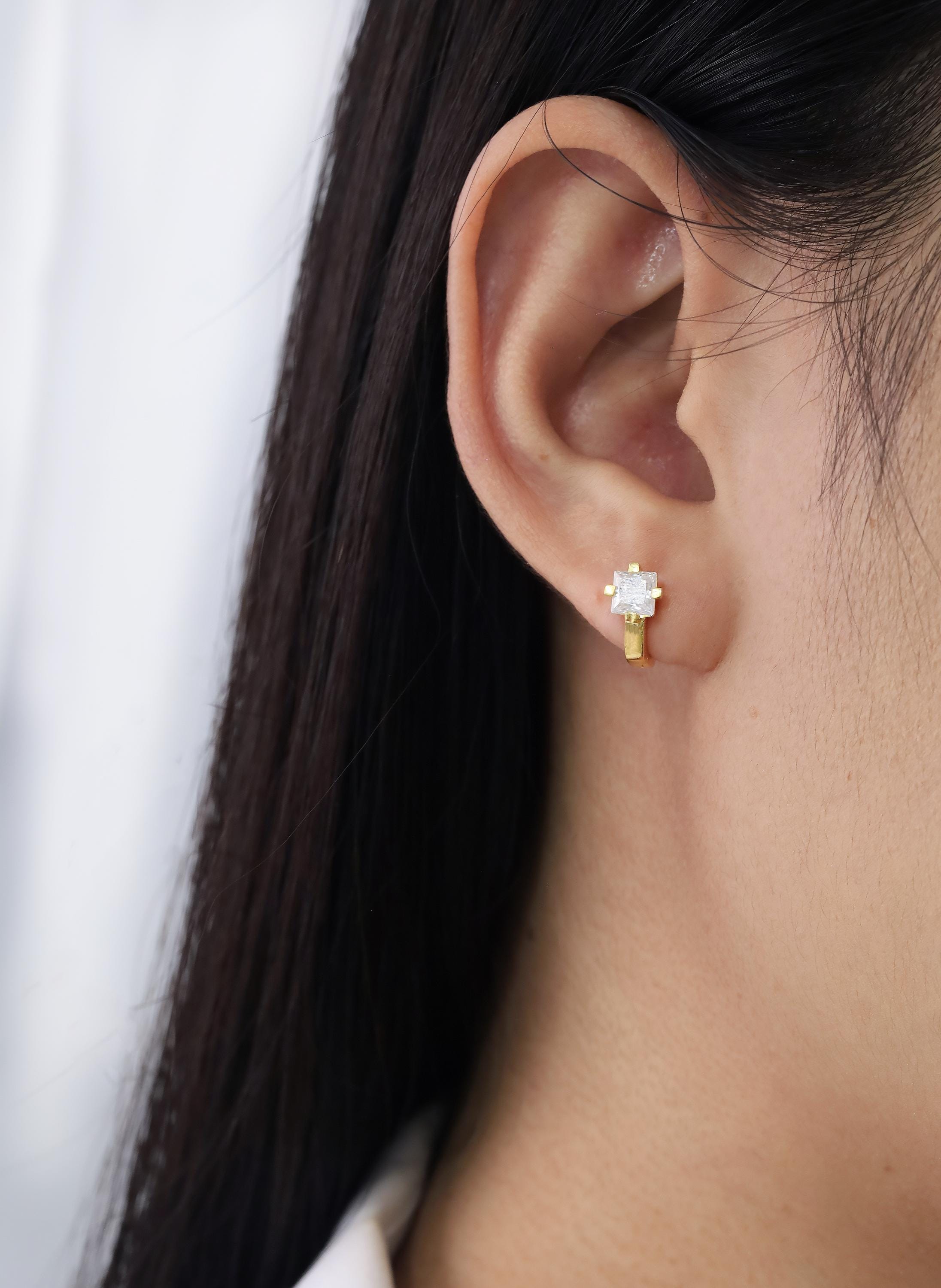 Princess Cut Diamond Hoop Earrings, Dainty Princess Cut Diamond Hoops, Dainty and Elegant Jewelry for Women, Everyday Earrings