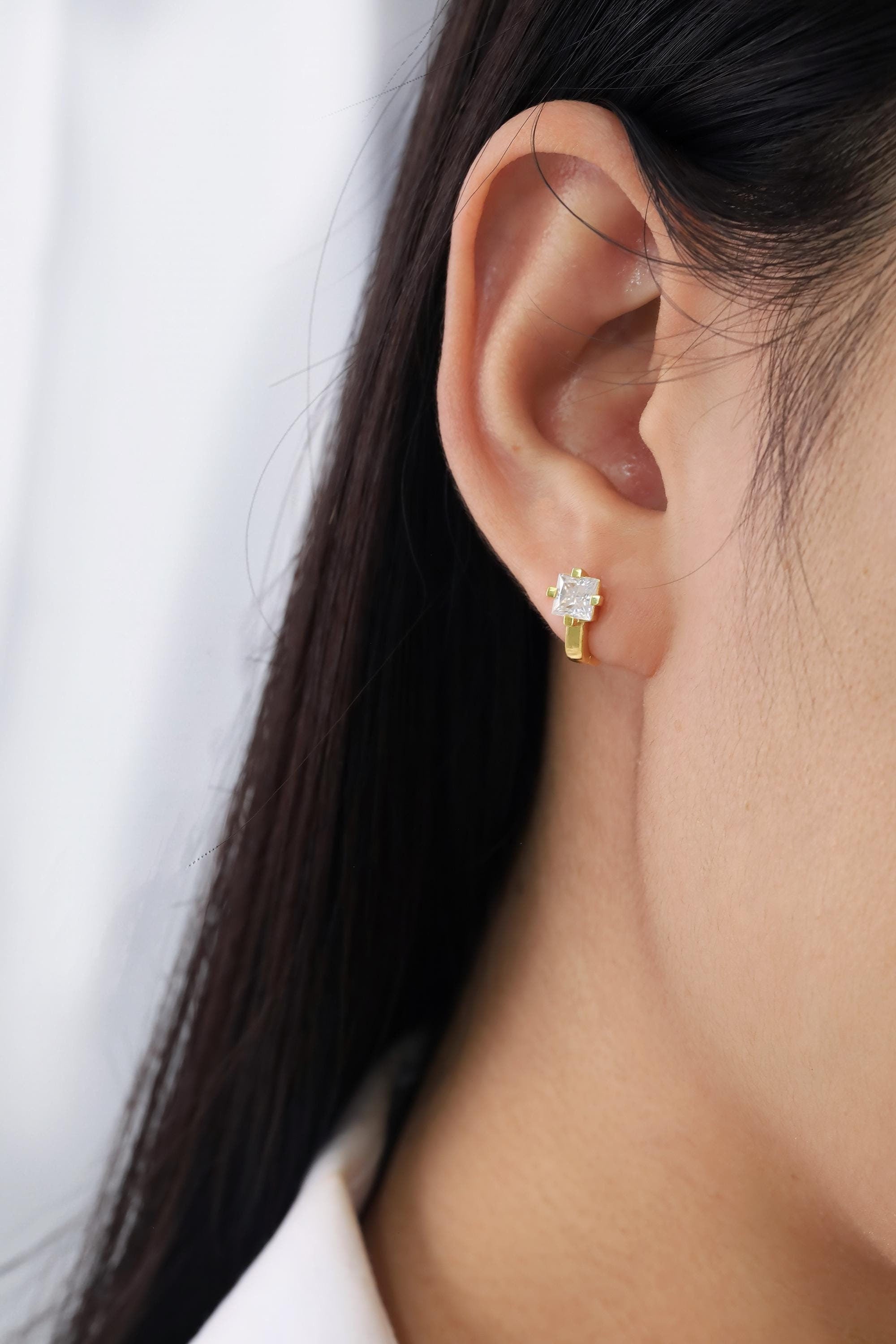 Princess Cut Diamond Hoop Earrings, Dainty Princess Cut Diamond Hoops, Dainty and Elegant Jewelry for Women, Everyday Earrings