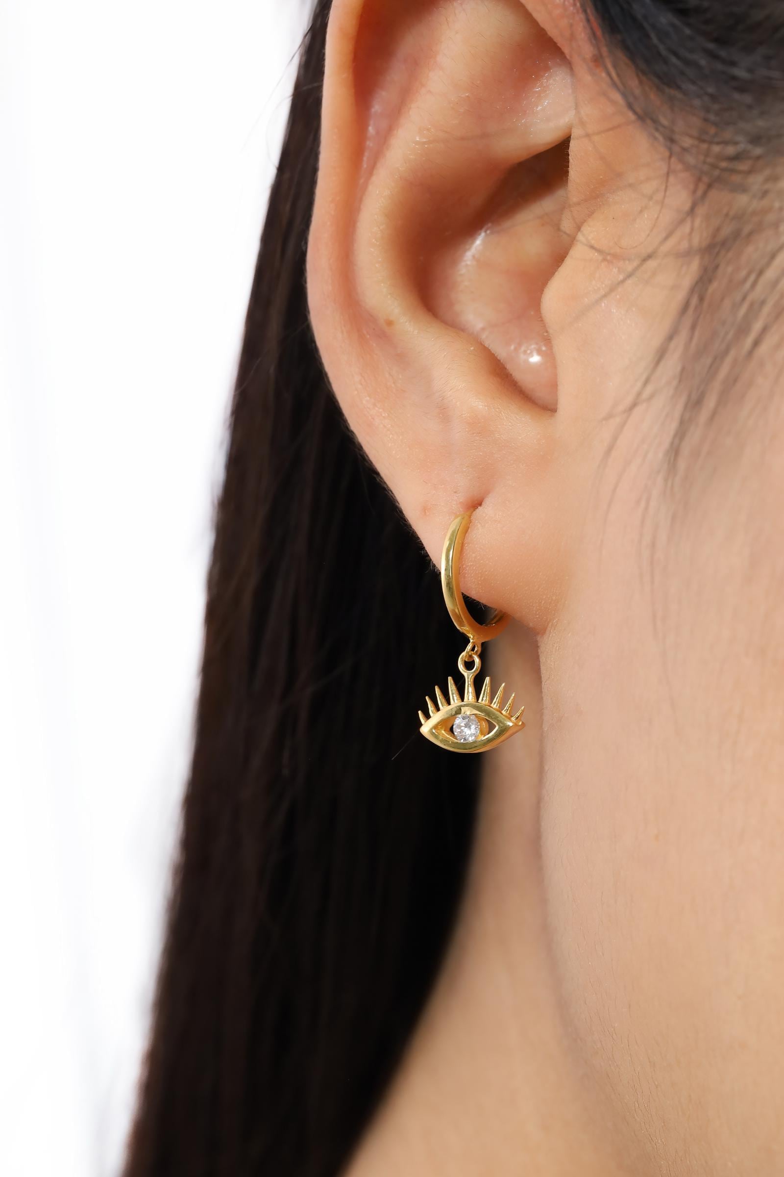 Evil Eye Diamond Hoop Earrings, Dangle Drop Evil Eye Earrings, Good Luck Earrings, Elegant Diamond Earrings, Christmas Gift for her