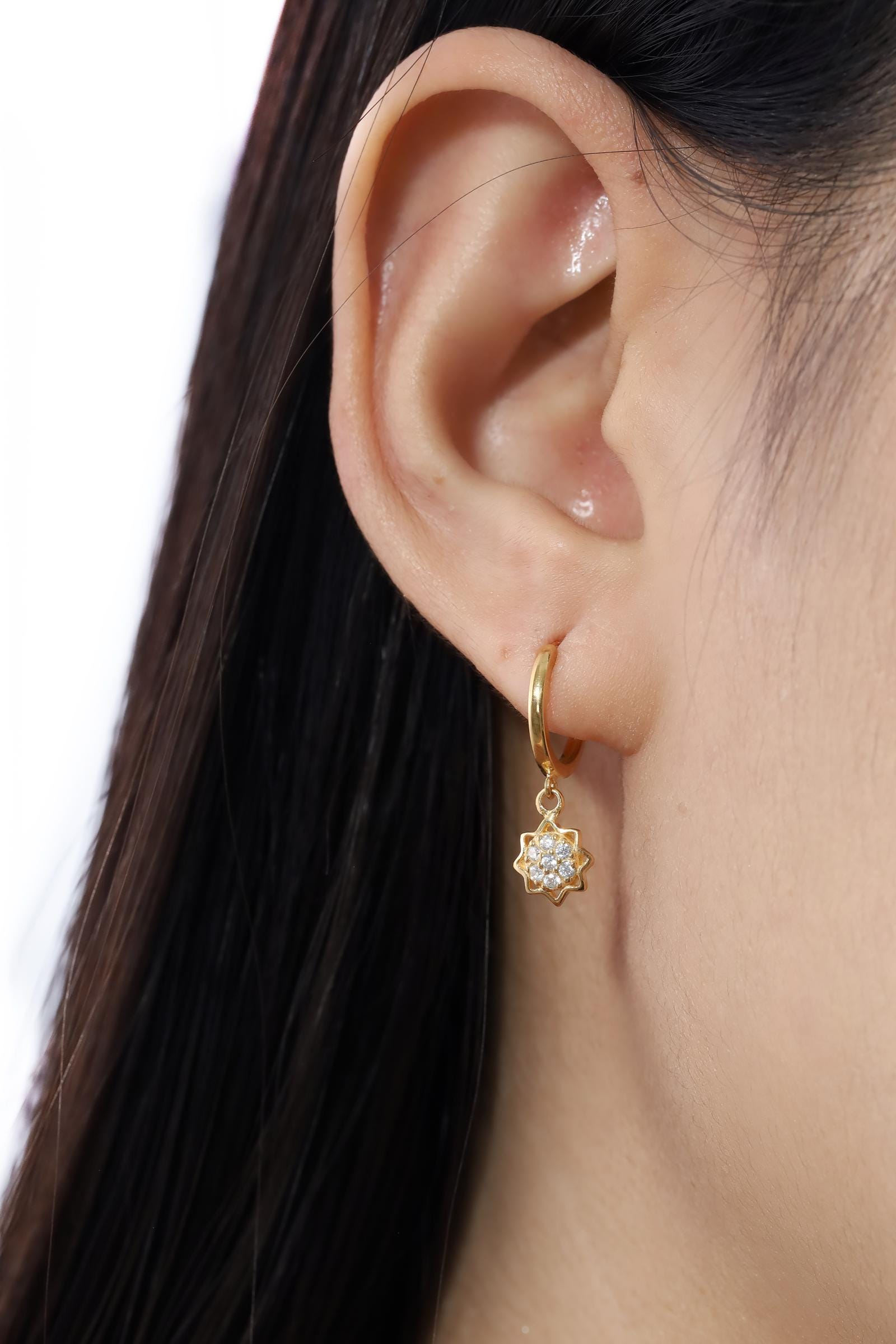 Dangle Drop Diamond Cluster Earrings, Diamond Hoop Earrings, Floral Earrings Gift for Her, Wedding Earrings