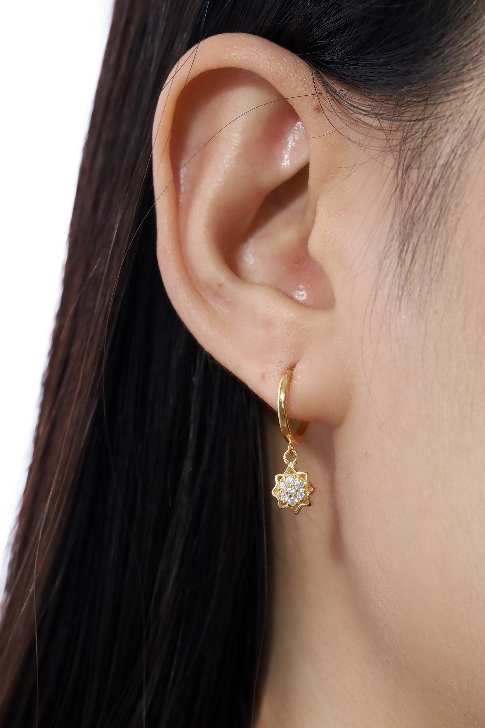 Dangle Drop Diamond Cluster Earrings, Diamond Hoop Earrings, Floral Earrings Gift for Her, Wedding Earrings