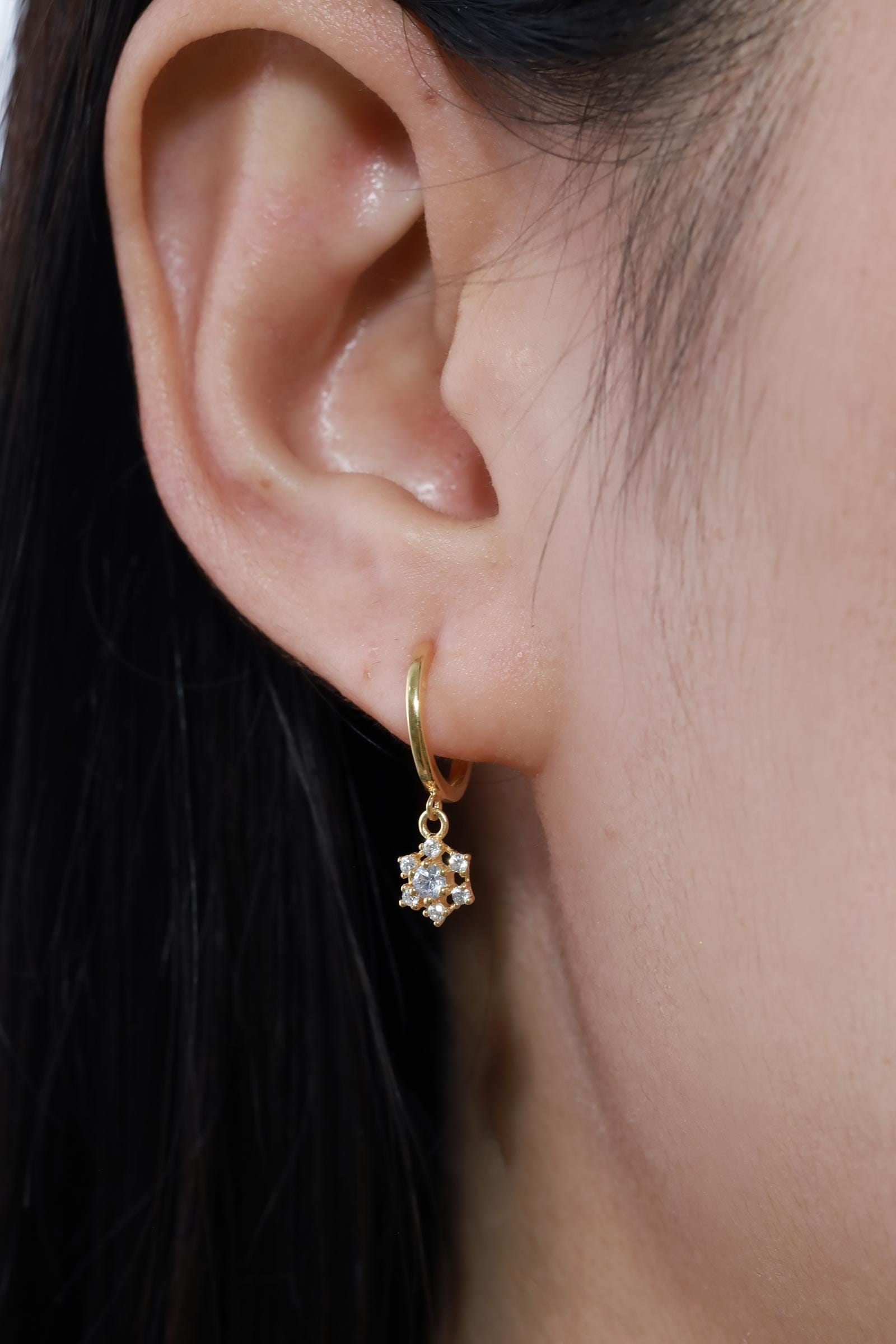 Snowflake Hoop Earrings, Dainty Diamond Hoop Earrings, Snowflake Earrings Gift for Her, Christmas Gift