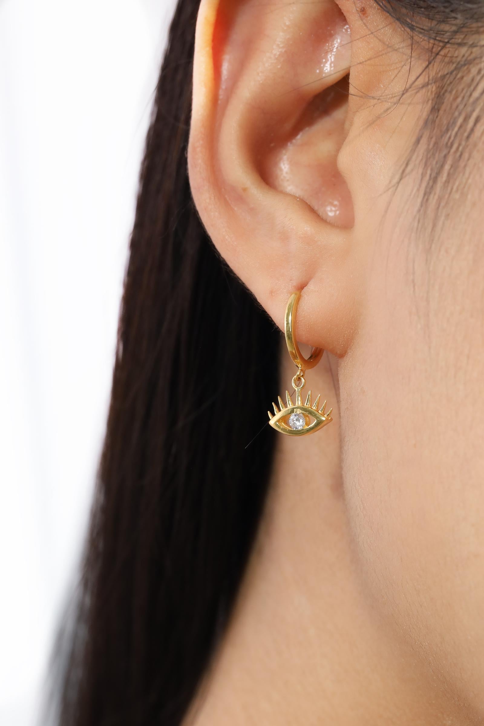 Evil Eye Diamond Hoop Earrings, Dangle Drop Evil Eye Earrings, Good Luck Earrings, Elegant Diamond Earrings, Christmas Gift for her