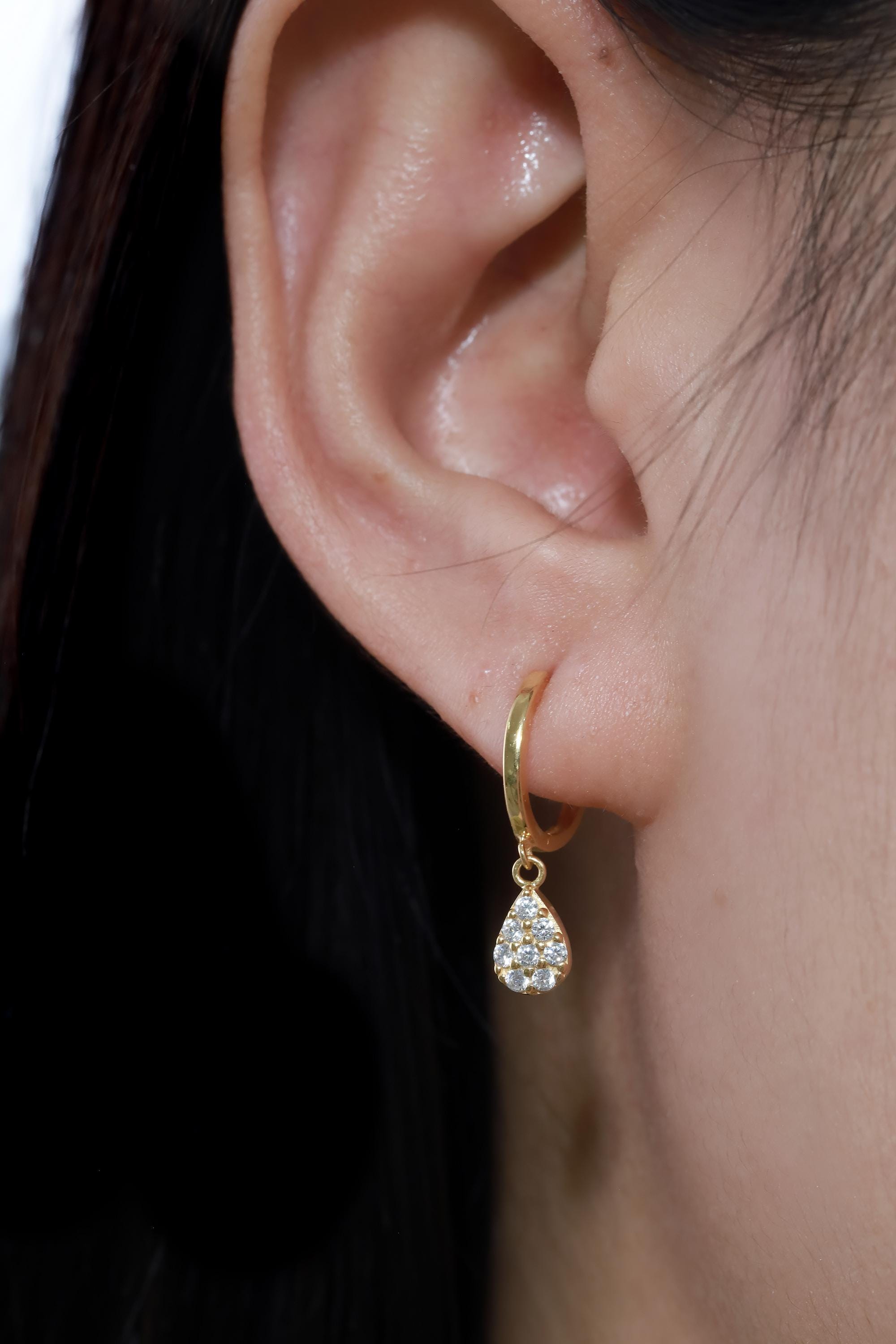 Tear Drop Diamond Hoop Earrings, Minimalist Hoop Earrings Gift for Women, Dangle Drop Pear Shape Hoop Earrings, Unique Earrings Design