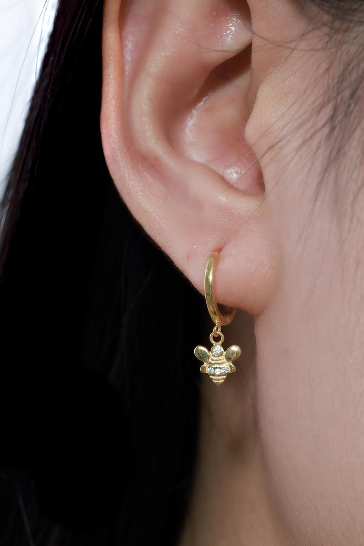 Honey Bee Diamond Hoop Earrings, Minimalist Hoop Earrings Gift for Women, Dangle Drop Honey Bee Hoop Earrings, Unique Earrings Design