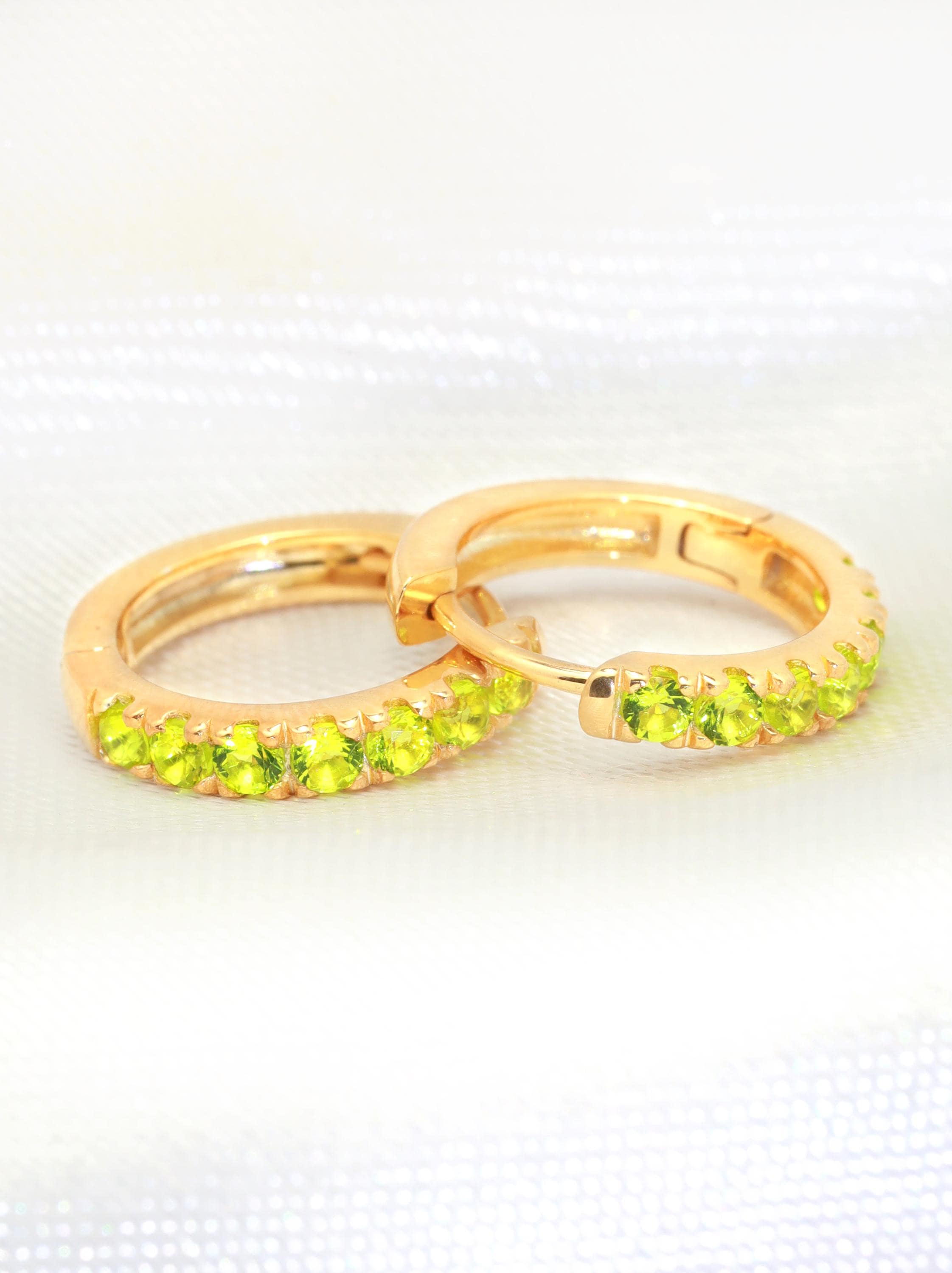 Seven Stones Peridot Hoop Earrings, August Birthstone Gifts, Huggie Hoop Earrings, Minimal Hoop Earrings Gift for Women