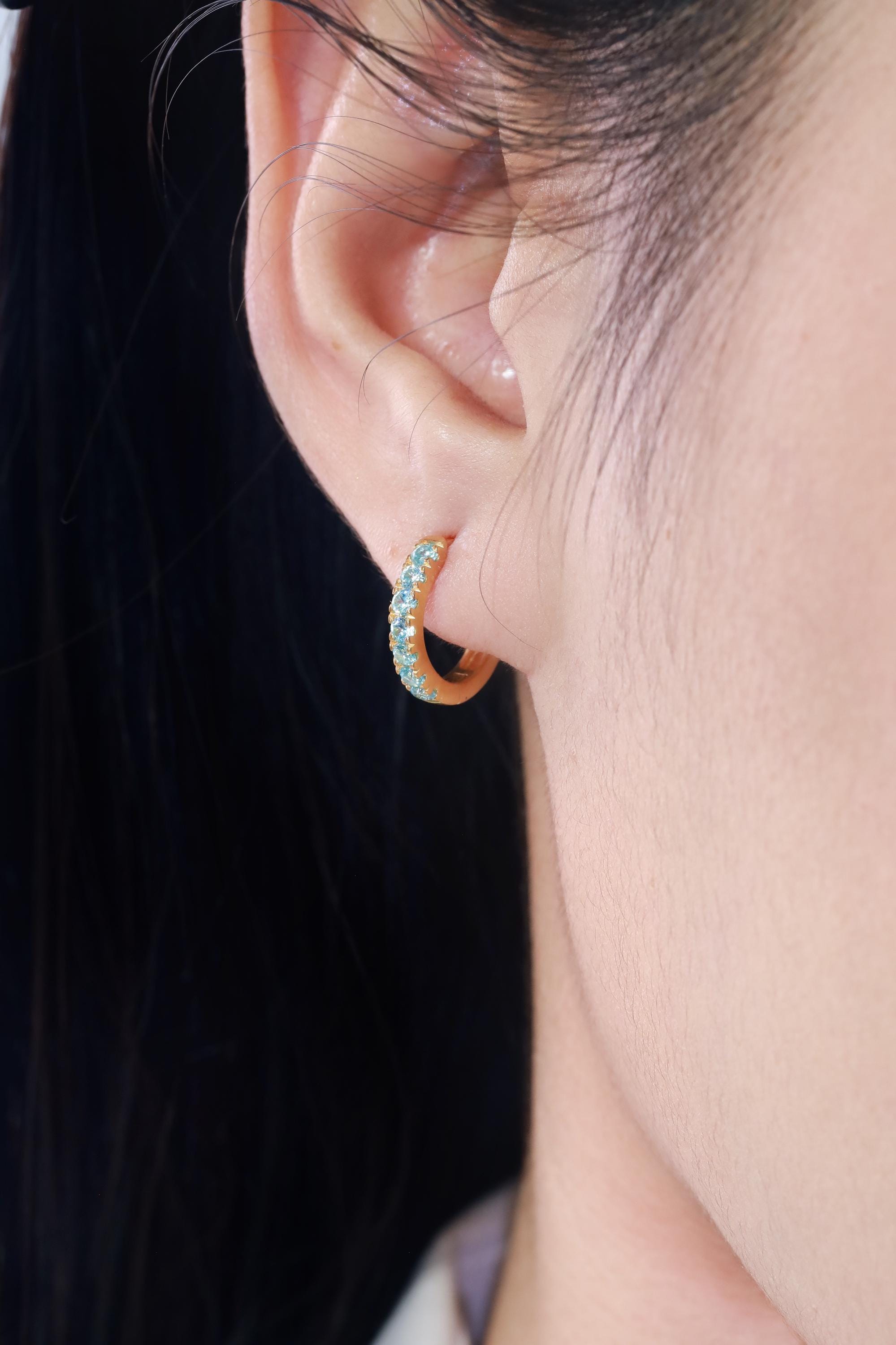 Seven Stones Aquamarine Hoop Earrings, March Birthstone Gifts, Huggie Hoop Earrings, Minimal Hoop Earrings Gift for Women