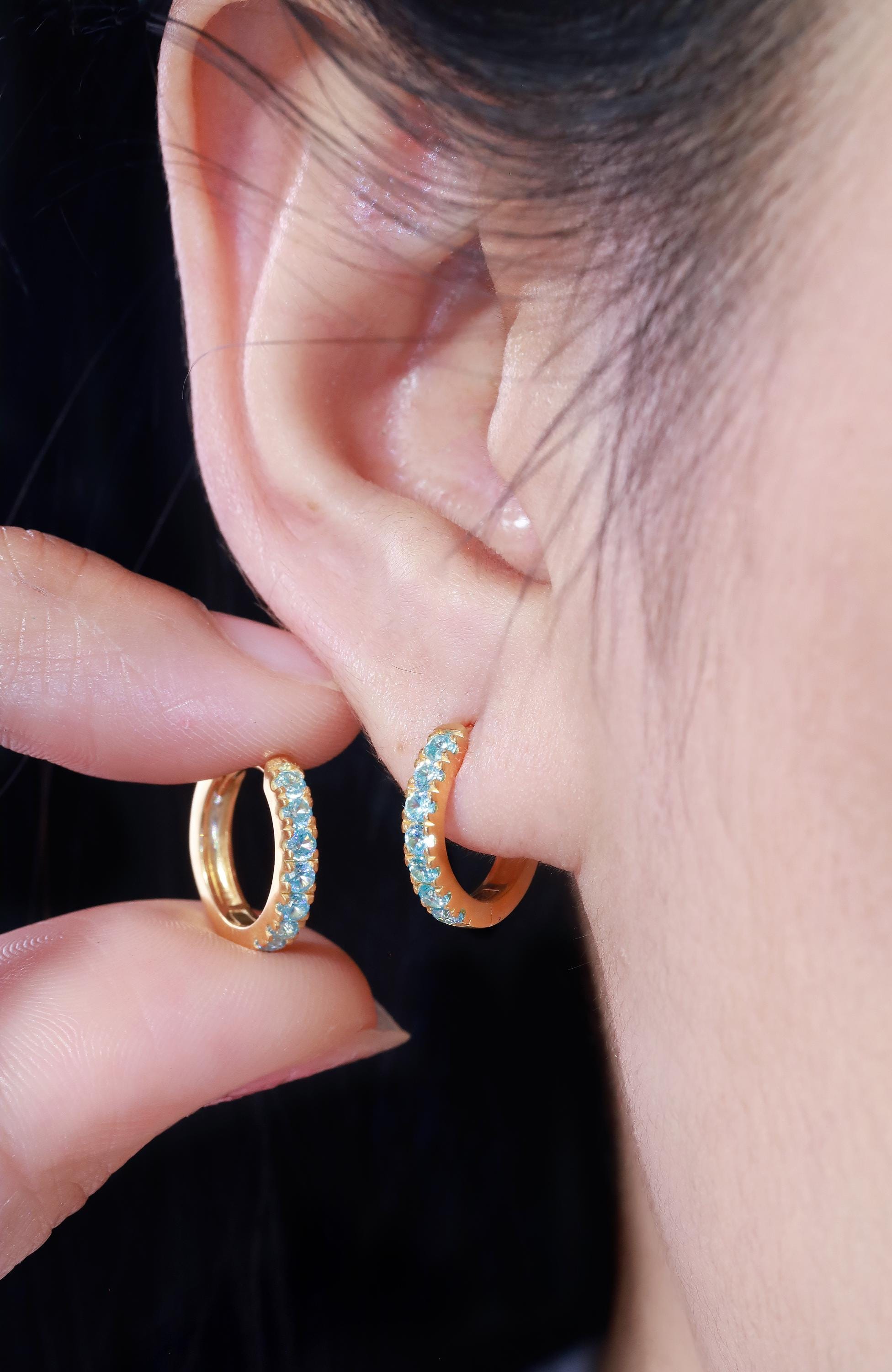 Seven Stones Aquamarine Hoop Earrings, March Birthstone Gifts, Huggie Hoop Earrings, Minimal Hoop Earrings Gift for Women