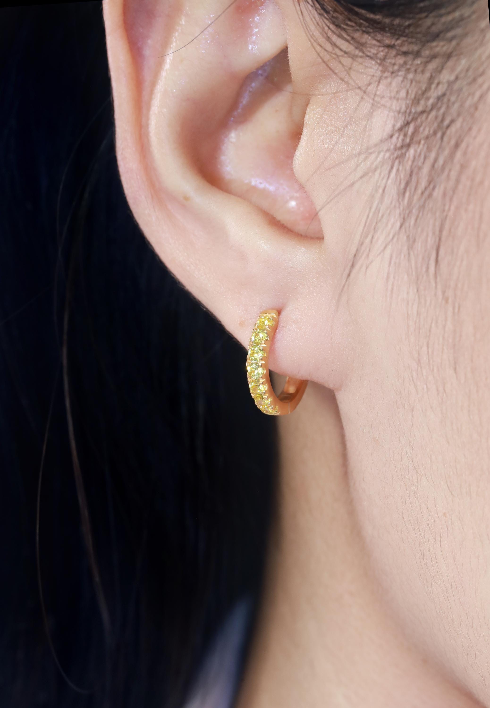 Seven Stones Yellow Sapphire Hoop Earrings, September Birthstone Gifts, Huggie Hoop Earrings, Minimal Hoop Earrings Gift for Women