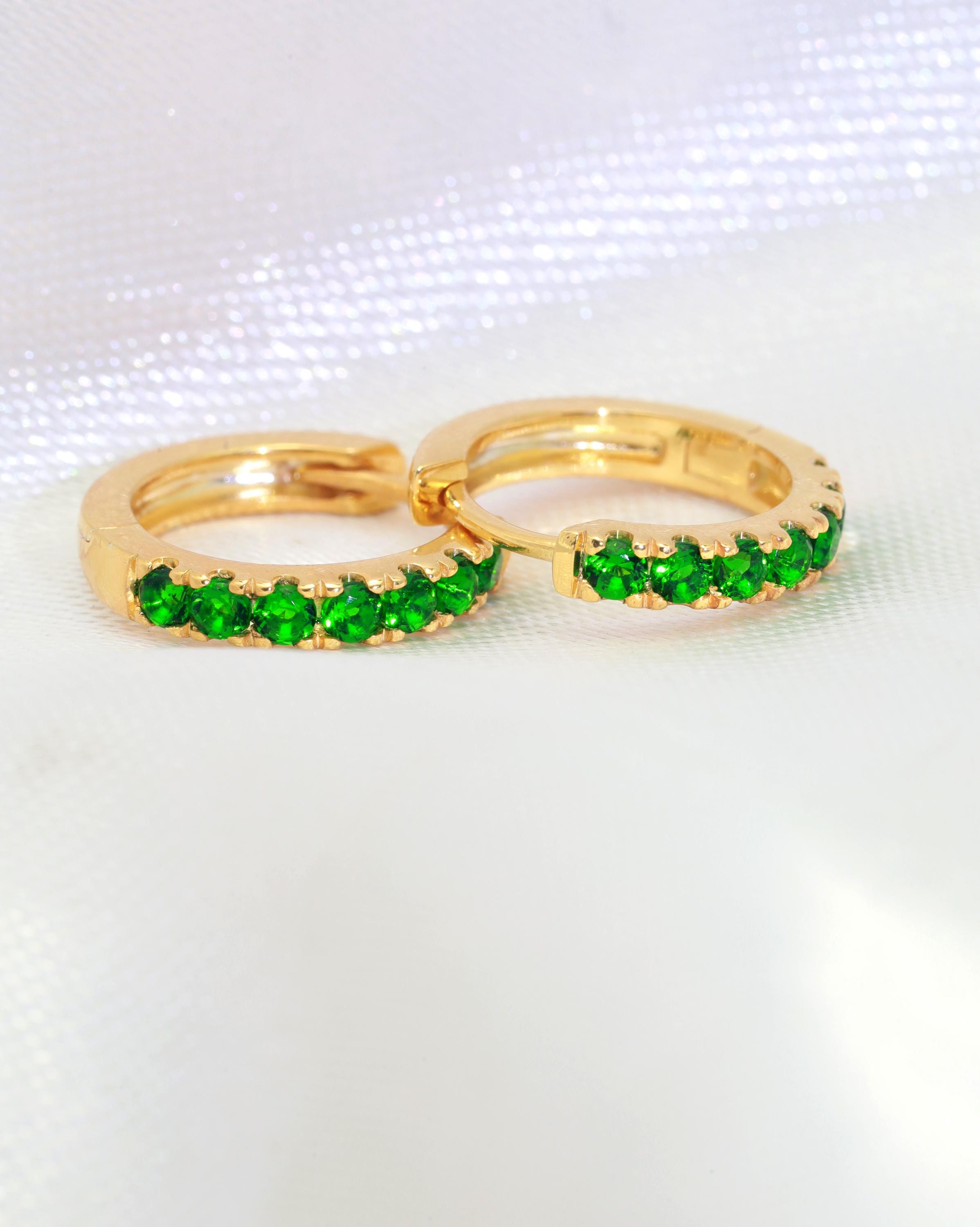 Seven Stones Green Emerald Hoop Earrings, May Birthstone Gifts, Huggie Hoop Earrings, Minimal Hoop Earrings Gift for Women