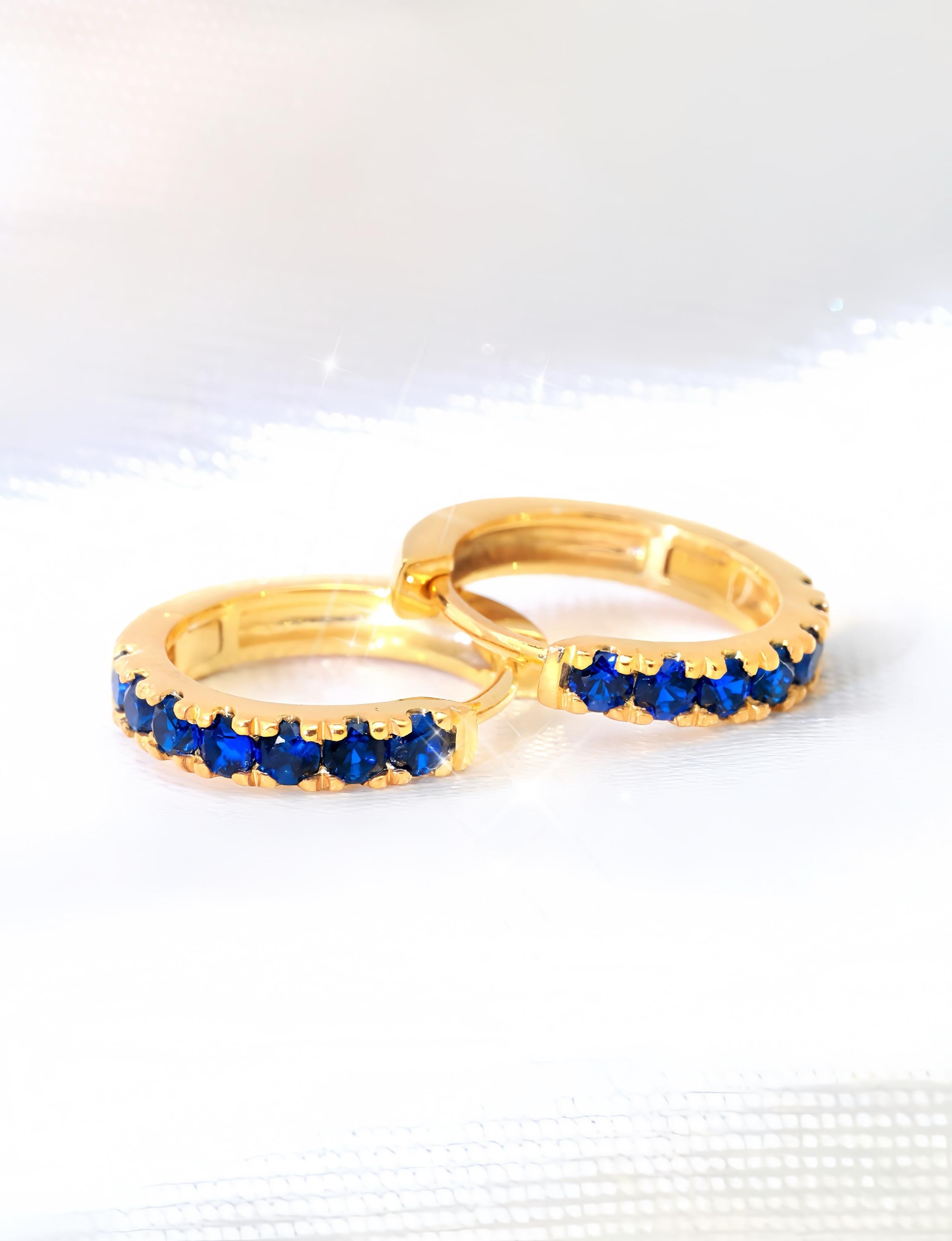 Seven Stones Blue Sapphire Hoop Earrings, September Birthstone Gifts, Huggie Hoop Earrings, Minimal Hoop Earrings Gift for Women