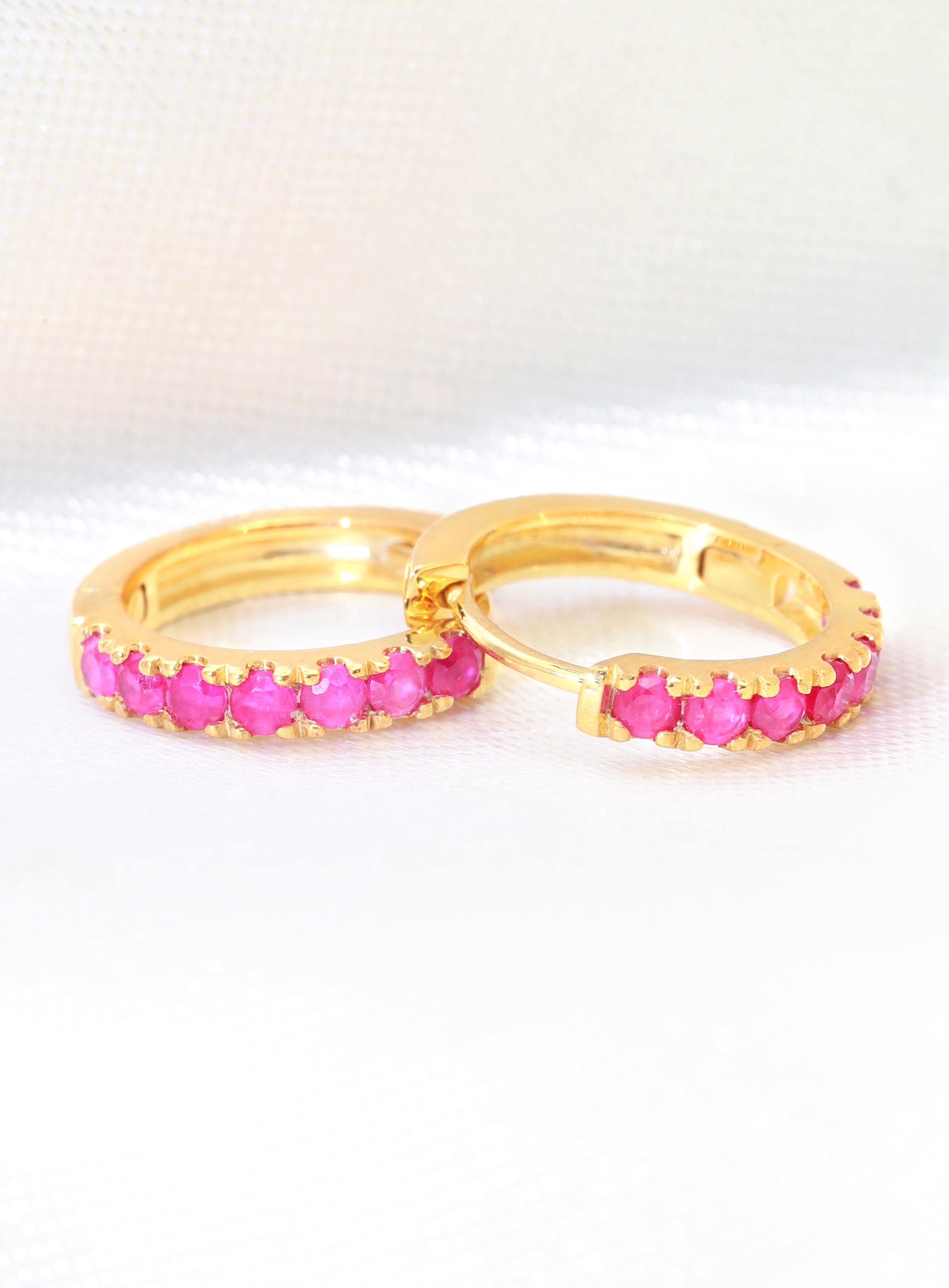 Seven Stones Ruby Hoop Earrings, July Birthstone Gifts, Huggie Hoop Earrings, Minimal Hoop Earrings Gift for Women