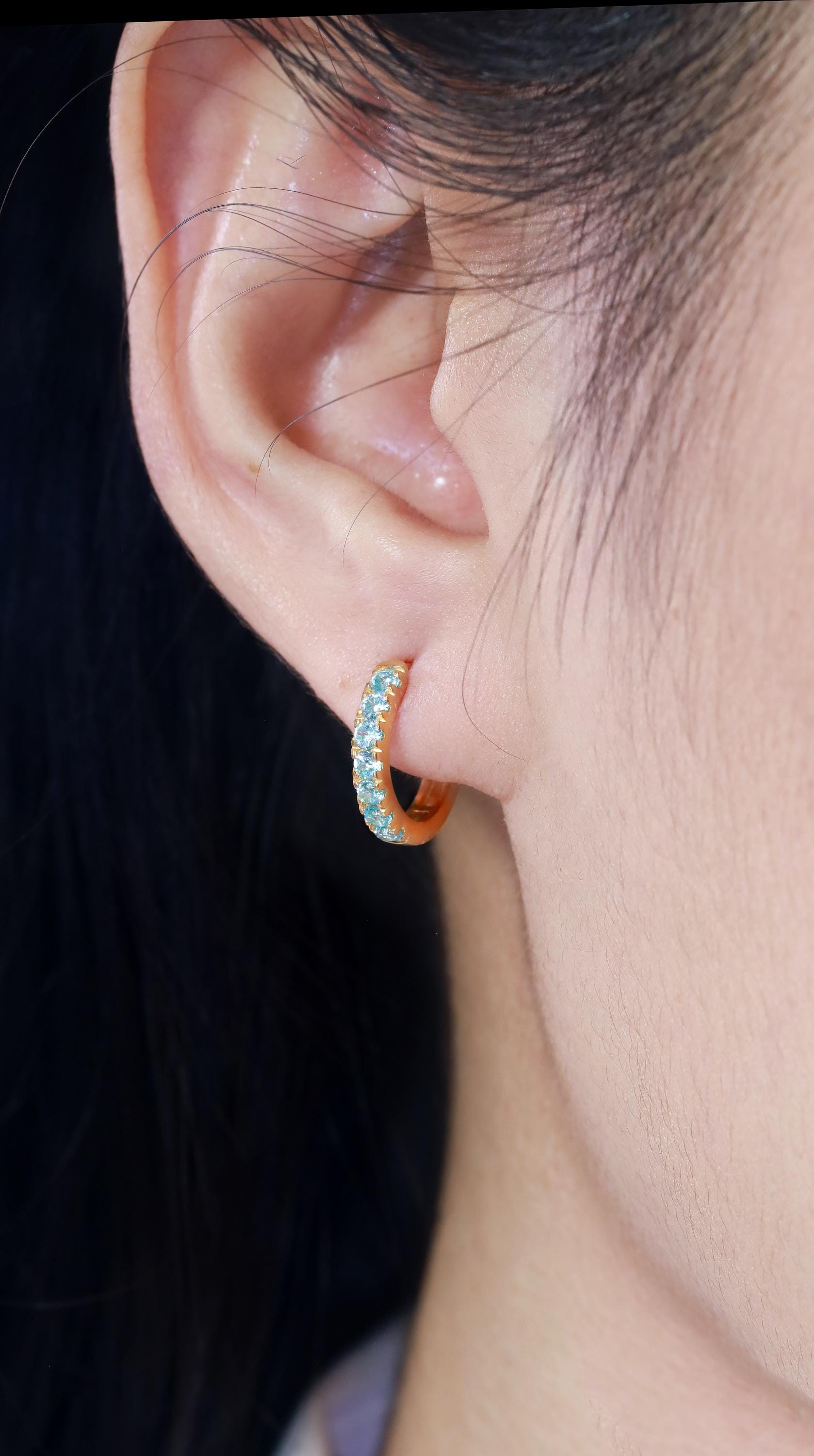 Seven Stones Aquamarine Hoop Earrings, March Birthstone Gifts, Huggie Hoop Earrings, Minimal Hoop Earrings Gift for Women